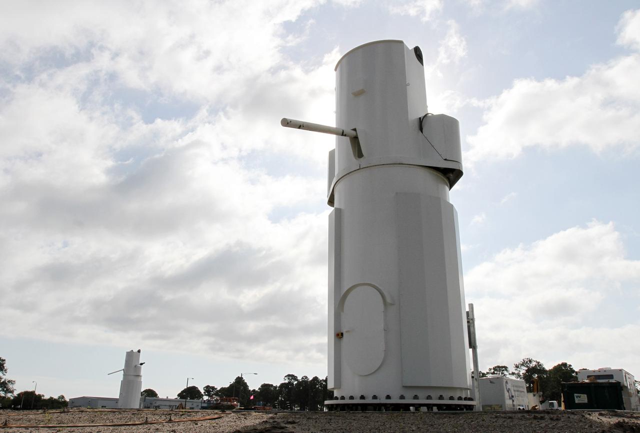 CAPE CANAVERAL, Fla. – At NASA’s Kennedy Space Center in Florida, new towers are being constructed for the Antenna Test Bed Array for the Ka-Band Objects Observation and Monitoring, or Ka-BOOM system. The construction site is near the former Vertical Processing Facility, which has been demolished. Workers soon will begin construction on the 40-foot-diameter dish antenna arrays and their associated utilities, and prepare the site for the operations command center facility. The Ka-BOOM project is one of the final steps in developing the techniques to build a high power, high resolution radar system capable of becoming a Near Earth Object Early Warning System. While also capable of space communication and radio science experiments, developing radar applications is the primary focus of the arrays. Photo credit: NASA/ Ben Smegelsky