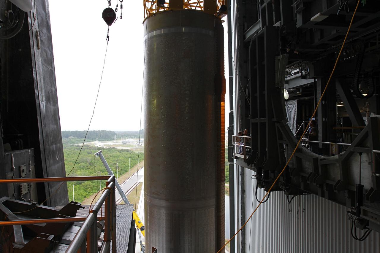 CAPE CANAVERAL, Fla. -- At Cape Canaveral Air Force Station's Space Launch Complex 41 in Florida, operations are underway to erect the first stage of the Atlas V rocket that will carry the Tracking and Data Relay Satellite, TDRS-K, into orbit.      Launch of the TDRS-K on the Atlas V rocket is planned for January 29, 2013. The TDRS-K spacecraft is part of the next-generation series in the Tracking and Data Relay Satellite System, a constellation of space-based communication satellites providing tracking, telemetry, command and high-bandwidth data return services. For more information, visit http://www.nasa.gov/mission_pages/tdrs/index.html Photo credit: NASA/ Ben Smegelsky