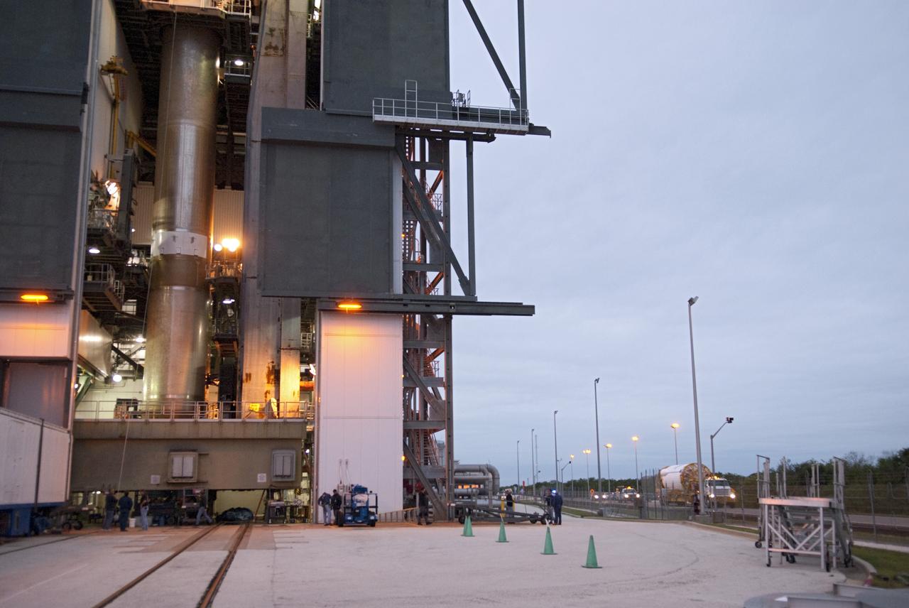 CAPE CANAVERAL, Fla. -- At Cape Canaveral Air Force Station's Space Launch Complex 41 in Florida, preparations are underway to mate the Centaur stage to the Atlas V rocket that will carry the Tracking and Data Relay Satellite, TDRS-K, into orbit.      Launch of the TDRS-K on the Atlas V rocket is planned for January 29, 2013. The TDRS-K spacecraft is part of the next-generation series in the Tracking and Data Relay Satellite System, a constellation of space-based communication satellites providing tracking, telemetry, command and high-bandwidth data return services. For more information, visit http://www.nasa.gov/mission_pages/tdrs/index.html Photo credit: NASA/Charisse Nahser