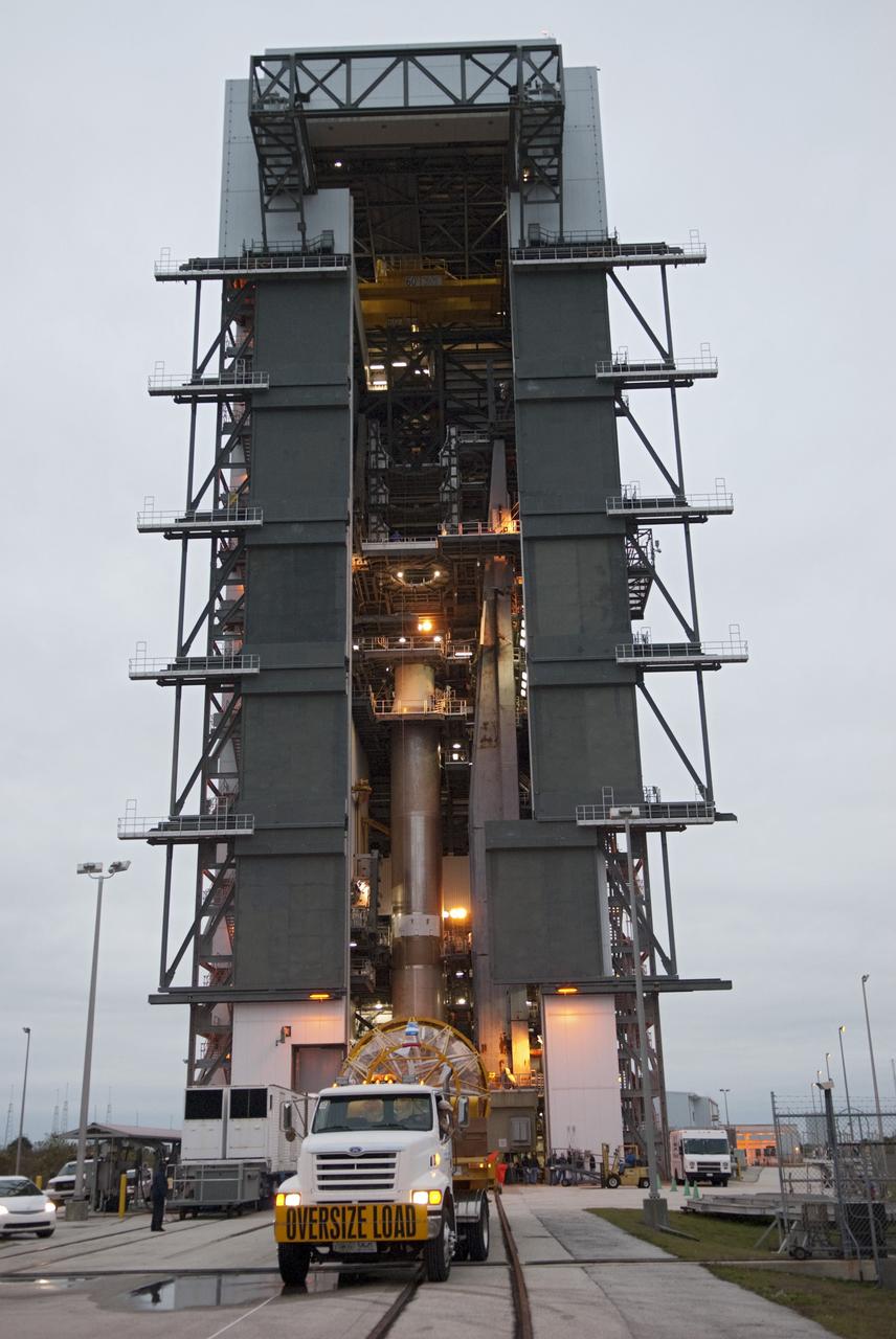 CAPE CANAVERAL, Fla. -- The Centaur stage which will help boost the Tracking and Data Relay Satellite, TDRS-K, into orbit arrives by transport truck at Cape Canaveral Air Force Station's Space Launch Complex 41 in Florida for mating to an Atlas V rocket.      Launch of the TDRS-K on the Atlas V rocket is planned for January 29, 2013. The TDRS-K spacecraft is part of the next-generation series in the Tracking and Data Relay Satellite System, a constellation of space-based communication satellites providing tracking, telemetry, command and high-bandwidth data return services. For more information, visit http://www.nasa.gov/mission_pages/tdrs/index.html Photo credit: NASA/Charisse Nahser