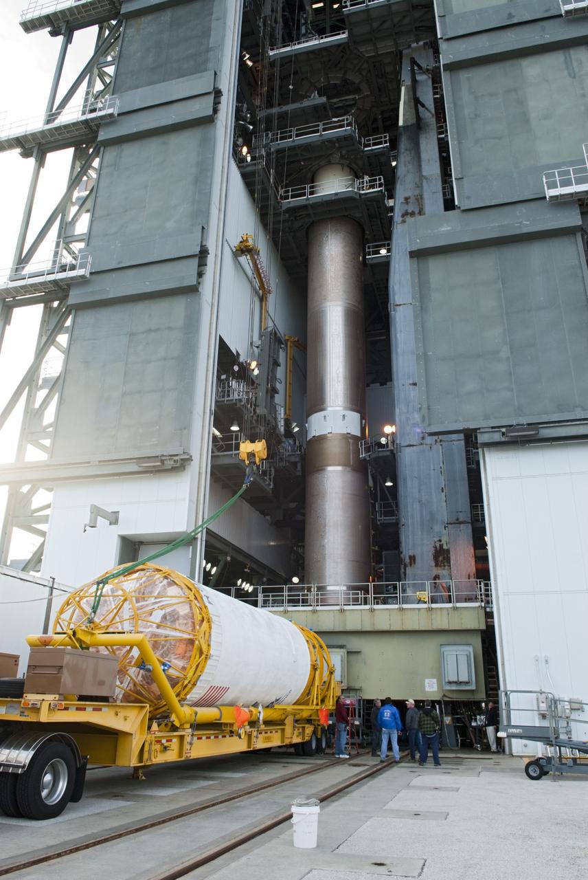 CAPE CANAVERAL, Fla. -- The Centaur stage which will help boost the Tracking and Data Relay Satellite, TDRS-K, into orbit arrives by transport truck at Cape Canaveral Air Force Station's Space Launch Complex 41 in Florida for mating to an Atlas V rocket.      Launch of the TDRS-K on the Atlas V rocket is planned for January 29, 2013. The TDRS-K spacecraft is part of the next-generation series in the Tracking and Data Relay Satellite System, a constellation of space-based communication satellites providing tracking, telemetry, command and high-bandwidth data return services. For more information, visit http://www.nasa.gov/mission_pages/tdrs/index.html Photo credit: NASA/Charisse Nahser