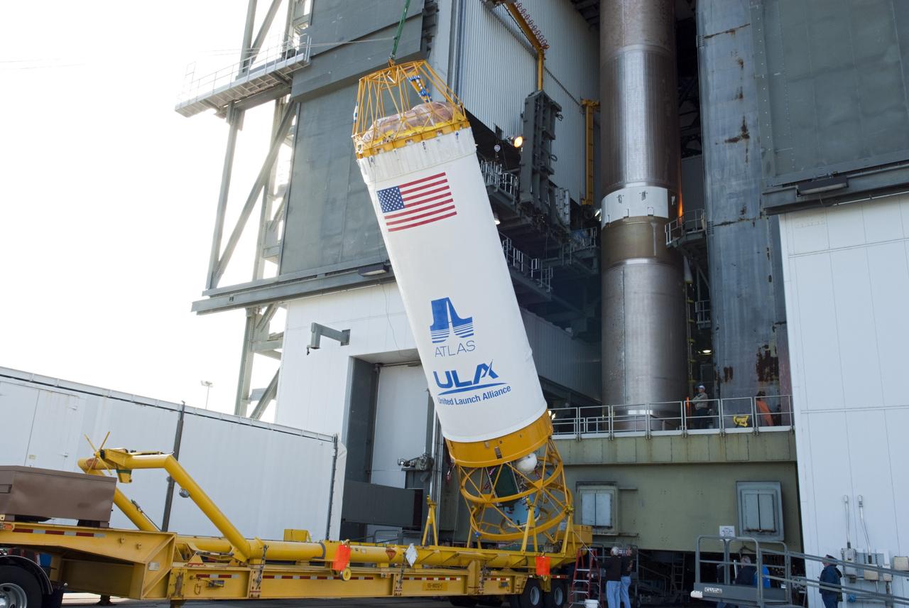 CAPE CANAVERAL, Fla. -- At Cape Canaveral Air Force Station's Space Launch Complex 41 in Florida, operations are underway to lift the Centaur stage for mating to the Atlas V rocket that will carry the Tracking and Data Relay Satellite, TDRS-K, into orbit.      Launch of the TDRS-K on the Atlas V rocket is planned for January 29, 2013. The TDRS-K spacecraft is part of the next-generation series in the Tracking and Data Relay Satellite System, a constellation of space-based communication satellites providing tracking, telemetry, command and high-bandwidth data return services. For more information, visit http://www.nasa.gov/mission_pages/tdrs/index.html Photo credit: NASA/Charisse Nahser