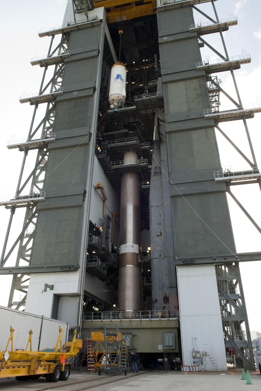 CAPE CANAVERAL, Fla. -- At Cape Canaveral Air Force Station's Space Launch Complex 41 in Florida, operations are underway to lift the Centaur stage for mating to the Atlas V rocket that will carry the Tracking and Data Relay Satellite, TDRS-K, into orbit.      Launch of the TDRS-K on the Atlas V rocket is planned for January 29, 2013. The TDRS-K spacecraft is part of the next-generation series in the Tracking and Data Relay Satellite System, a constellation of space-based communication satellites providing tracking, telemetry, command and high-bandwidth data return services. For more information, visit http://www.nasa.gov/mission_pages/tdrs/index.html Photo credit: NASA/Charisse Nahser