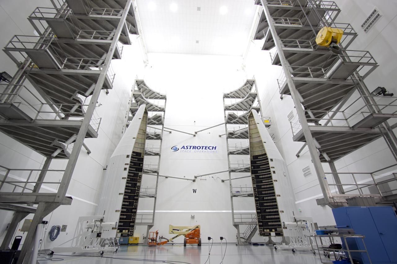 TITUSVILLE, Fla. - In the Astrotech payload processing facility in Titusville, Fla. near NASA’s Kennedy Space Center, the payload faring for the Tracking and Data Relay Satellite, TDRS-K, has been checked out and awaits the arrival of the TDRS-K.      Launch of the TDRS-K on the Atlas V rocket is planned for January 29, 2013. The TDRS-K spacecraft is part of the next-generation series in the Tracking and Data Relay Satellite System, a constellation of space-based communication satellites providing tracking, telemetry, command and high-bandwidth data return services. For more information, visit http://www.nasa.gov/mission_pages/tdrs/index.html Photo credit: NASA/Jim Grossmann