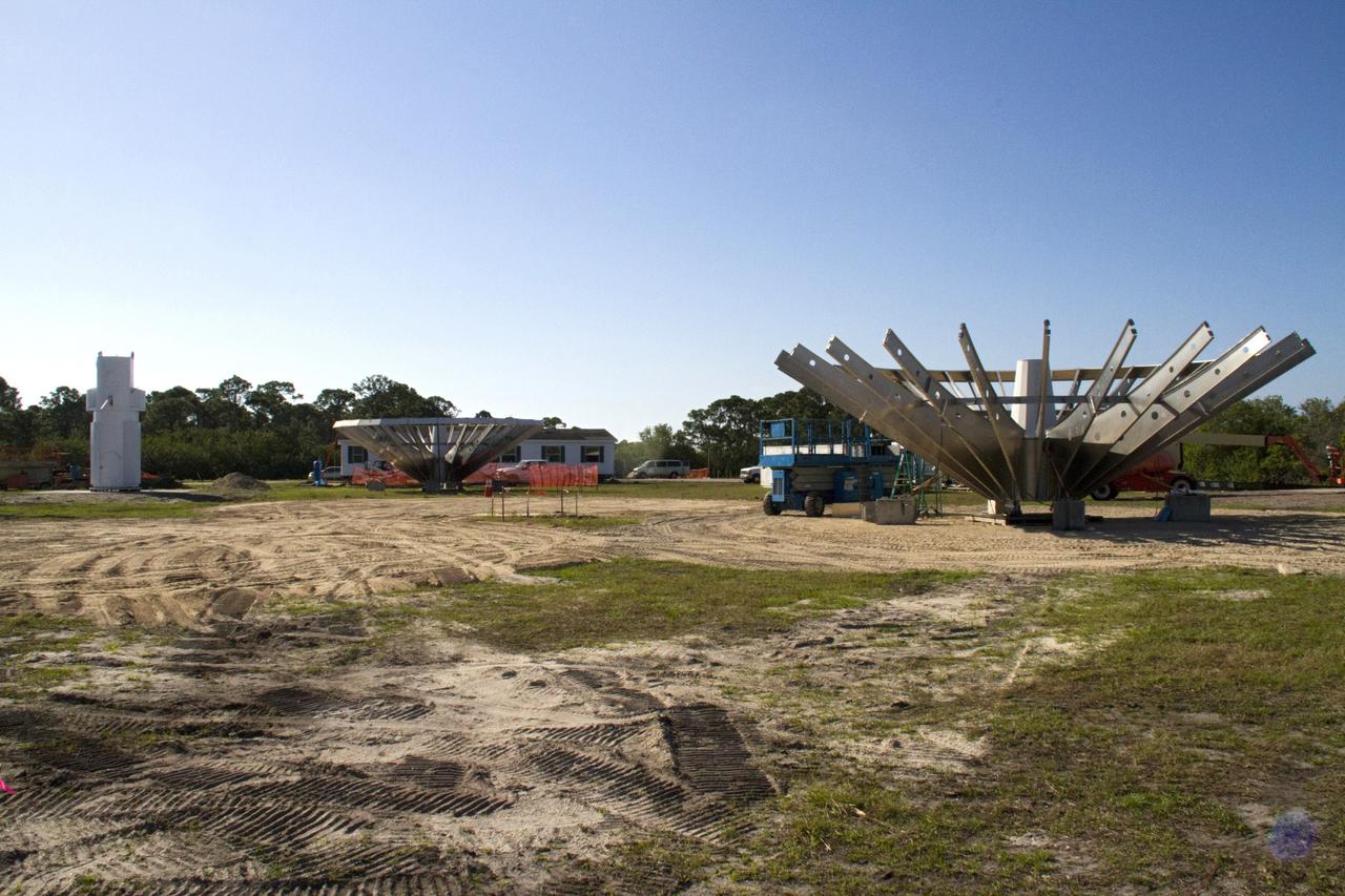CAPE CANAVERAL, Fla. – At NASA’s Kennedy Space Center in Florida, 40-foot-diameter dish antenna arrays are being constructed as part of the Antenna Test Bed Array for the Ka-Band Objects Observation and Monitoring, or Ka-BOOM system. The antennas will be part of the operations command center facility. The construction site is near the former Vertical Processing Facility, which has been demolished. The Ka-BOOM project is one of the final steps in developing the techniques to build a high power, high resolution radar system capable of becoming a Near Earth Object Early Warning System. While also capable of space communication and radio science experiments, developing radar applications is the primary focus of the arrays. Photo credit: NASA/ Ben Smegelsky
