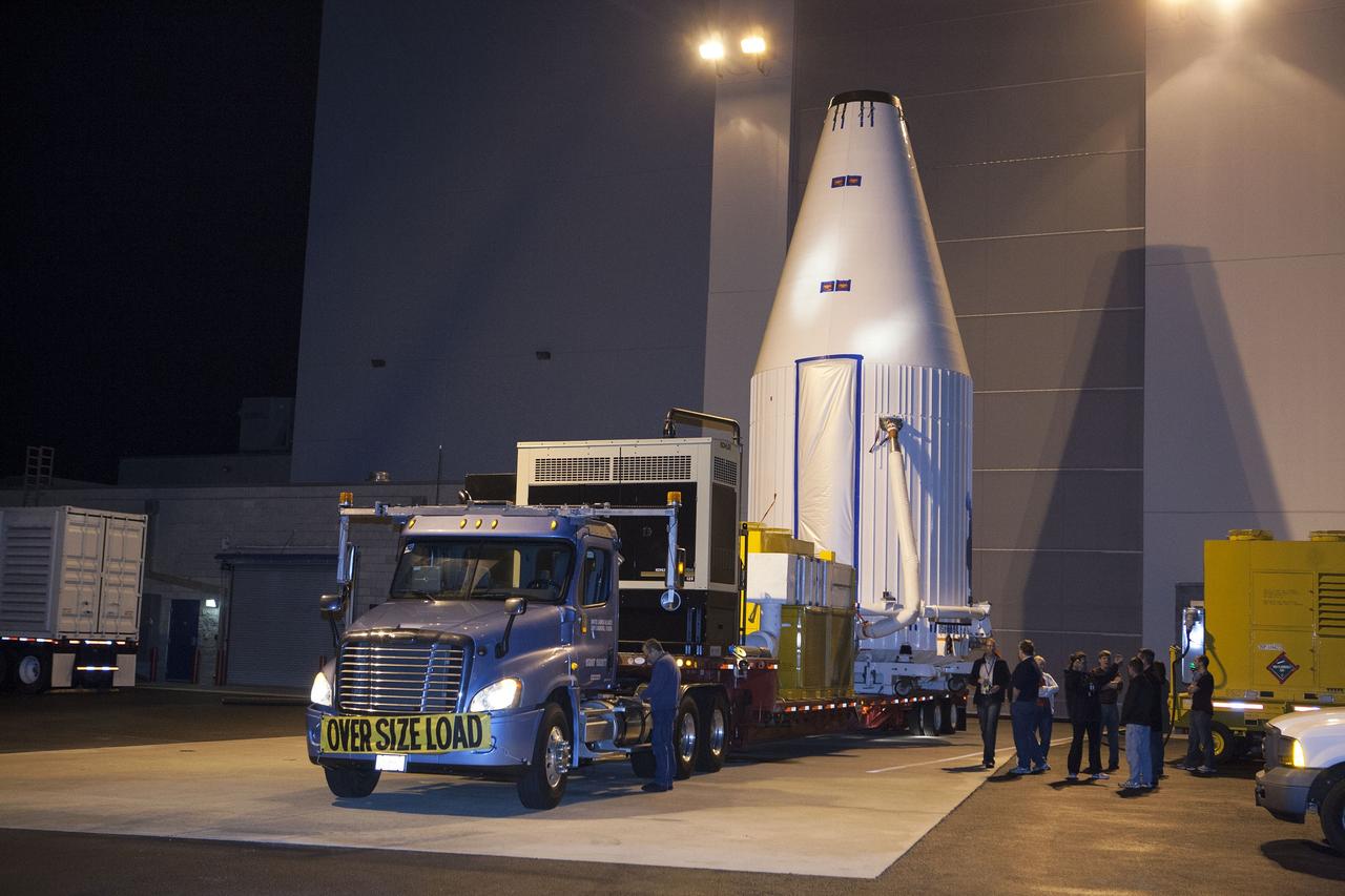 CAPE CANAVERAL, Fla. –NASA's Tracking and Data Relay Satellite, TDRS-K, enclosed in its payload fairing, is en route to its launch site from the Astrotech payload processing facility in Titusville, Fla. TDRS-K will lift off atop a United Launch Alliance Atlas V rocket from Cape Canaveral Air Force Station's Space Launch Complex 41, near NASA's Kennedy Space Center. The TDRS-K spacecraft is part of the next-generation series in the Tracking and Data Relay Satellite System, a constellation of space-based communication satellites providing tracking, telemetry, command and high-bandwidth data return services. For more information, go to http://www.nasa.gov/tdrs Photo credit: NASA/Glenn Benson