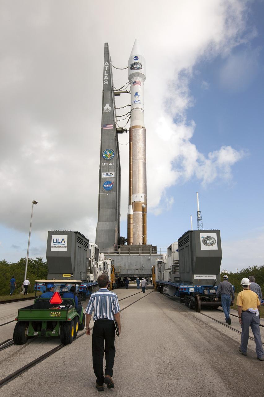 CAPE CANAVERAL, Fla. -- At Cape Canaveral Air Force Station's Space Launch Complex 41, the United Launch Alliance Atlas V rocket set to carry NASA's Tracking and Data Relay Satellite, TDRS-K, moves toward the launch pad after leaving the Vertical Integration Facility.      .     Liftoff for the TDRS-K is planned for Jan. 30, 2013. The TDRS-K spacecraft is part of the next-generation series in the Tracking and Data Relay Satellite System, a constellation of space-based communication satellites providing tracking, telemetry, command and high-bandwidth data return services. For more information, visit http://www.nasa.gov/mission_pages/tdrs/index.html Photo credit: NASA/Kim Shiflett
