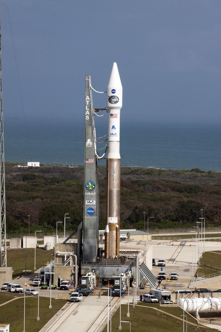 CAPE CANAVERAL, Fla. -- At Cape Canaveral Air Force Station's Space Launch Complex 41, the United Launch Alliance Atlas V rocket set to carry NASA's Tracking and Data Relay Satellite, TDRS-K, stands at the launch pad after leaving the Vertical Integration Facility. Liftoff for the TDRS-K is planned for Jan. 30, 2013. The TDRS-K spacecraft is part of the next-generation series in the Tracking and Data Relay Satellite System, a constellation of space-based communication satellites providing tracking, telemetry, command and high-bandwidth data return services. For more information, visit http://www.nasa.gov/mission_pages/tdrs/index.html Photo credit: NASA/Kim Shiflett