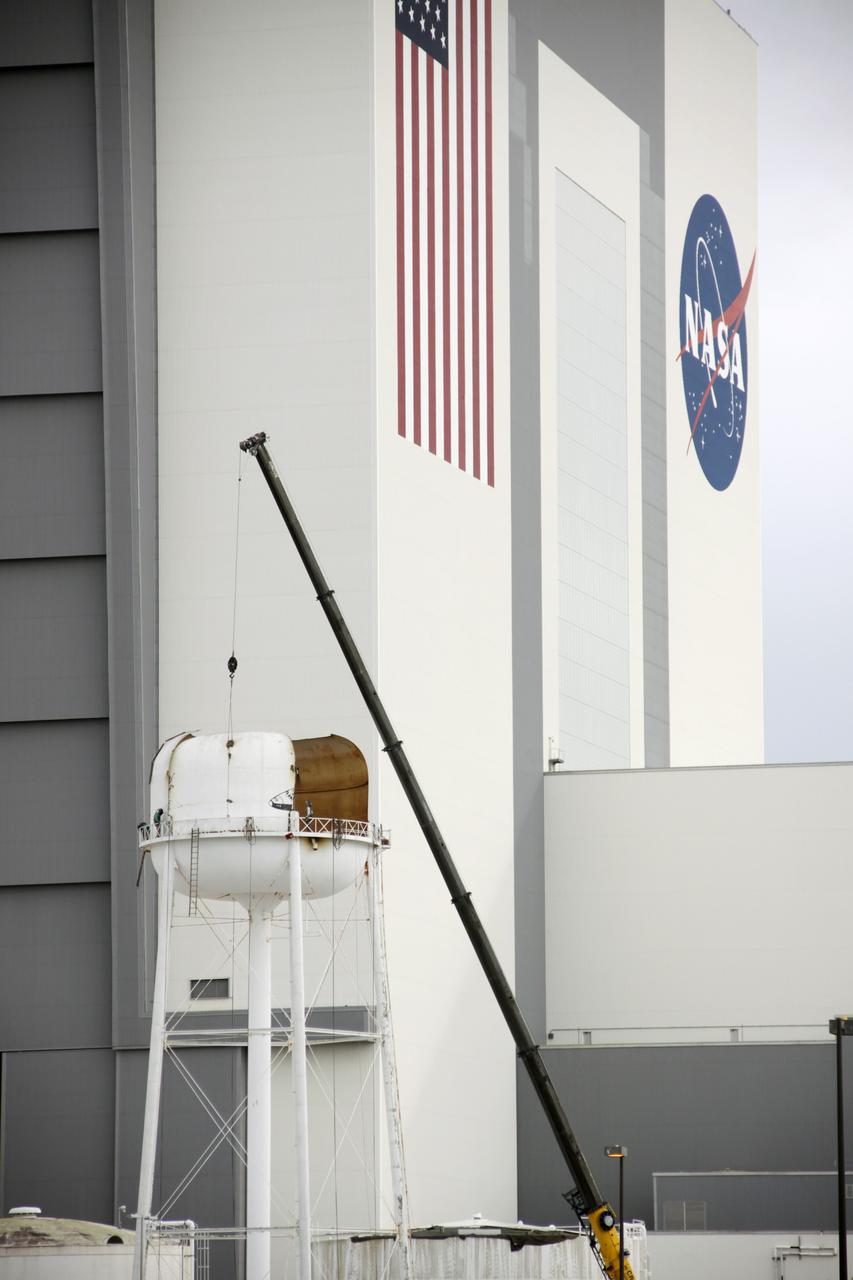 CAPE CANAVERAL, Fla. – At NASA’s Kennedy Space Center in Florida, work is underway to dismantle a water tower in the Launch Complex 39 area near the Vehicle Assembly Building. The effort is part of on-going efforts to upgrade and revitalize Kennedy's water and sewer systems to increase their reliability, sustainability and capabilities into the 21st century for current and future users. For more information, visit: http://kscpartnerships.ksc.nasa.gov/masterPlan/spaceportConcept.htm Photo credit: NASA/Tim Jacobs