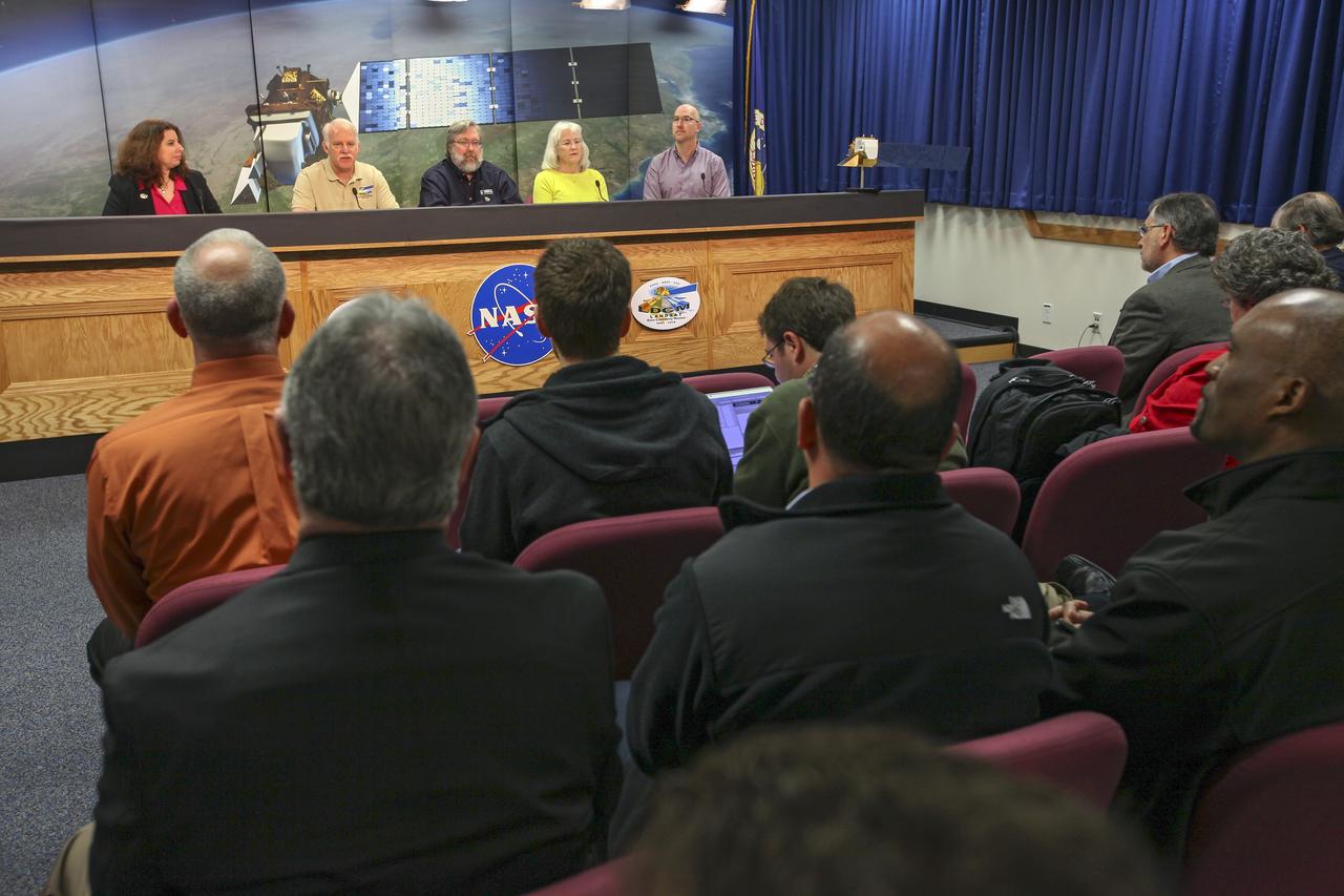 VANDENBERG AIR FORCE BASE, Calif. -- Media attend a mission science briefing at Vandenberg Air Force Base in California in preparation for the launch of the Landsat Data Continuity Mission LDCM. From left are Rani Gran of NASA Public Affairs, LDCM project scientist Dr. Jim Irons from NASA's Goddard Space Flight Center, senior scientist and co-chair of the Landsat Science Team U.S. Geological Survey Earth Resources Observation and Science EROS Center Dr. Thomas Loveland, Landsat scientist and president of Kass Green and Associates Kass Green, and senior research scientist Dr. Mike Wulder of the Landsat Science Team Canadian Forest Service, Natural Resources Canada.    Launch of LDCM aboard a United Launch Alliance Atlas V rocket from Vandenberg's Space Launch Complex-3E is planned for Feb. 11 during a 48-minute launch window that opens at 10:02 a.m. PST, or 1:02 p.m. EST. LDCM is the eighth satellite in the Landsat Program series of Earth-observing missions and will continue the program’s critical role in monitoring, understanding and managing the resources needed for human sustainment, such as food, water and forests. NASA's Goddard Space Flight Center in Greenbelt, Md., is responsible for LDCM project management. Orbital Sciences Corp. built the LDCM satellite. NASA's Launch Services Program at the Kennedy Space Center in Florida provides launch management. After launch and the initial checkout phase, the U. S. Geological Survey will take operational control of LDCM, and it will be renamed Landsat 8. Photo credit: NASA/Kim Shiflett