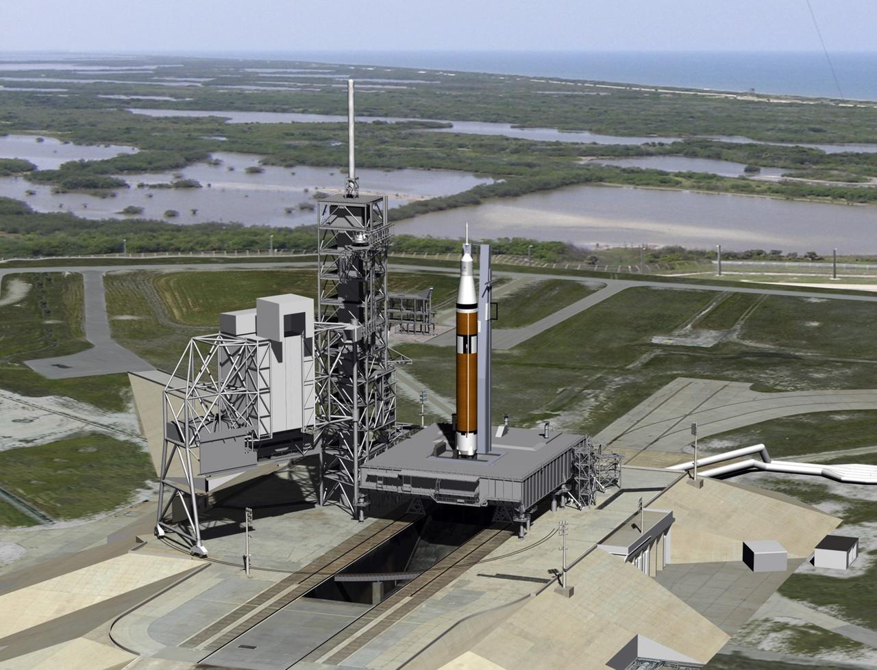 CAPE CANAVERAL, Fla. – An artist's concept shows a possible layout of a commercial spacecraft and rocket using facilities at Launch Pad 39A as NASA's Kennedy Space Center in Florida undergoes a transformation into a multi-user spaceport. Several companies are designing rockets and spacecraft that could be used to launch astronauts and payloads into space in the future. Credit: NASA