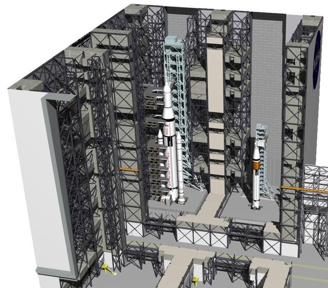 CAPE CANAVERAL, Fla. – An artist's concept shows a possible layout of a commercial spacecraft and rocket using facilities inside the Vehicle Assembly Building at NASA's Kennedy Space Center in Florida as the center undergoes a transformation into a multi-user spaceport. At left is the Space Launch System, or SLS, currently under development by NASA. At right is a generic rocket and spacecraft design indicative of the likely arrangement of such a vehicle. Several companies are designing rockets and spacecraft that could be used to launch astronauts and payloads into space in the future. Credit: NASA