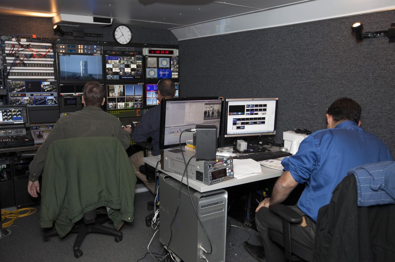 VANDENBERG AFB, Calif. – NASA TV technicians work on the broadcast for the launch of a United Launch Alliance Atlas V rocket carrying the Landsat Data Continuity Mission spacecraft from Vandenberg Air Force Base in California. Photo credit: NASA/Ben Smegelsky