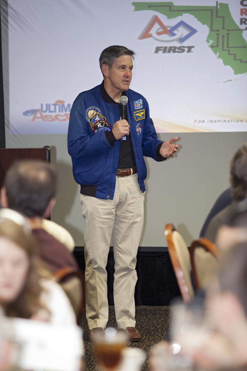 ORLANDO, Fla. – Robert Cabana, director of NASA's Kennedy Space Center in Florida, speaks during a luncheon for the FIRST Robotics Competition's 2013 Orlando Regional in the University of Central Florida Arena. The student-built robots were required to throw discs into boxes or make climbs to score points. Photo credit: NASA/Frankie Martin