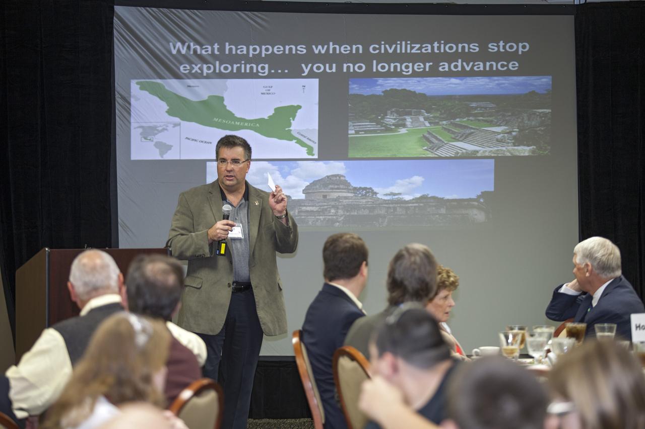 ORLANDO, Fla. – Ed Mango, program manager of NASA's Commercial Crew Program, speaks during a luncheon for the FIRST Robotics Competition's 2013 Orlando Regional in the University of Central Florida Arena. The student-built robots were required to throw discs into boxes or make climbs to score points. Photo credit: NASA/Frankie Martin
