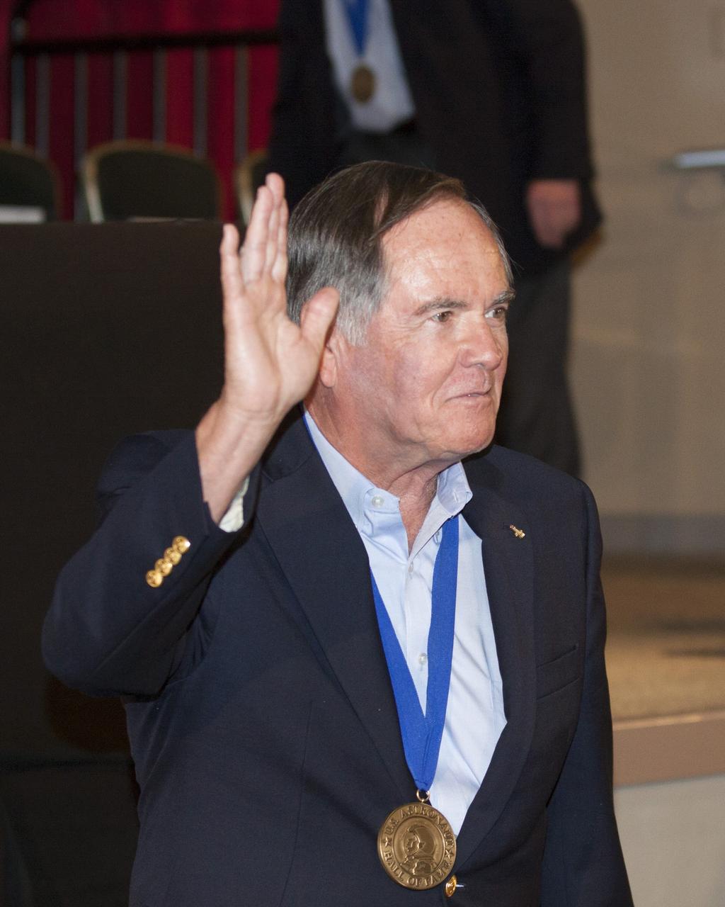 CAPE CANAVERAL, Fla. – U.S. Astronaut Hall of Fame member Bob Crippen is introduced at NASA’s Kennedy Space Center Visitor Complex in Florida, prior to the ceremony in which Bonnie Dunbar, Curt Brown and Eileen Collins will be inducted into the group of space pioneers.      This induction is the twelfth group of space shuttle astronauts named to the AHOF, and the first time two women are inducted at the same time. The year’s inductees were selected by a committee of current Hall of Fame astronauts, former NASA officials, historians and journalists. The selection process is administered by the Astronaut Scholarship Foundation. For more on the U.S. Astronaut Hall of Fame, go to http://www.kennedyspacecenter.com/astronaut-hall-of-fame.aspx For more on the Astronaut Scholarship Foundation, go to http://astronautscholarship.org/ Photo credit: NASA/ Kim Shiflett