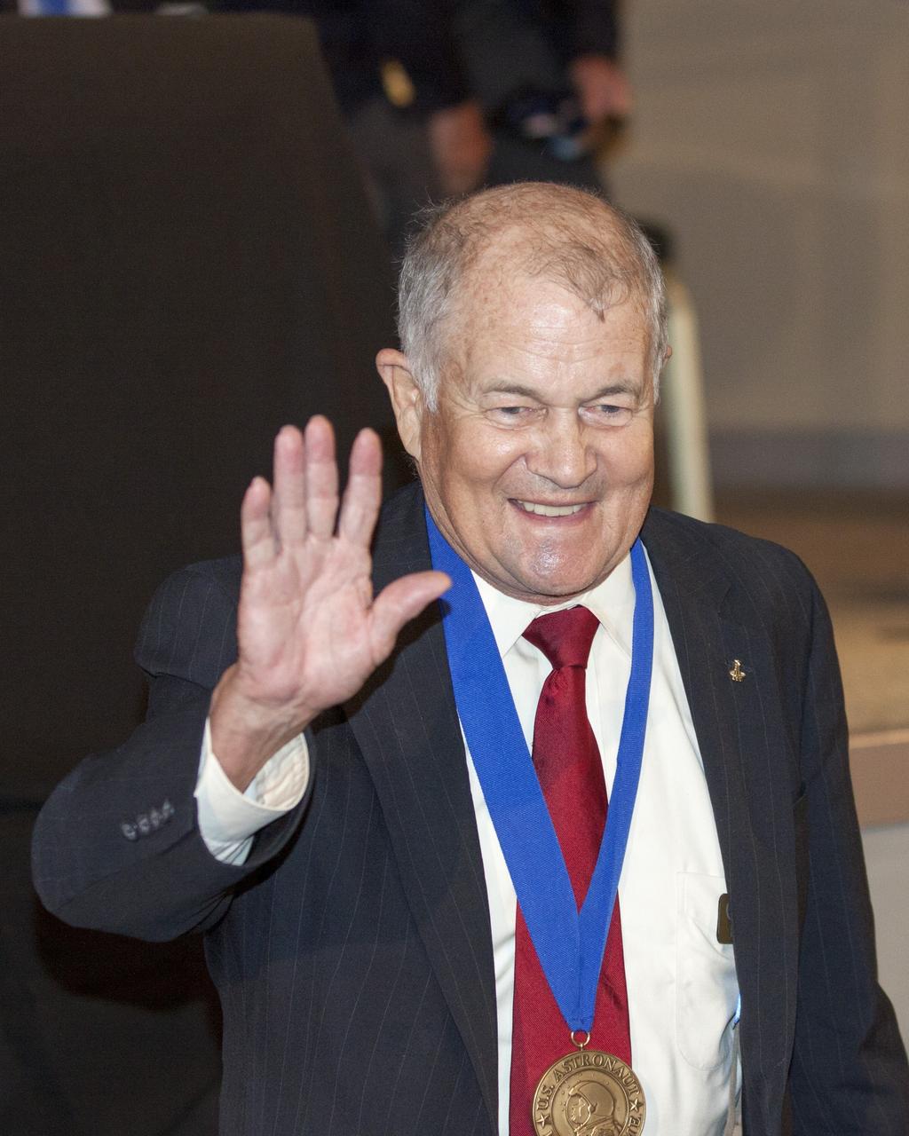 CAPE CANAVERAL, Fla. – U.S. Astronaut Hall of Fame member Joe Allen is introduced at NASA’s Kennedy Space Center Visitor Complex in Florida, prior to the ceremony in which Bonnie Dunbar, Curt Brown and Eileen Collins will be inducted into the group of space pioneers.      This induction is the twelfth group of space shuttle astronauts named to the AHOF, and the first time two women are inducted at the same time. The year’s inductees were selected by a committee of current Hall of Fame astronauts, former NASA officials, historians and journalists. The selection process is administered by the Astronaut Scholarship Foundation. For more on the U.S. Astronaut Hall of Fame, go to http://www.kennedyspacecenter.com/astronaut-hall-of-fame.aspx For more on the Astronaut Scholarship Foundation, go to http://astronautscholarship.org/ Photo credit: NASA/ Kim Shiflett