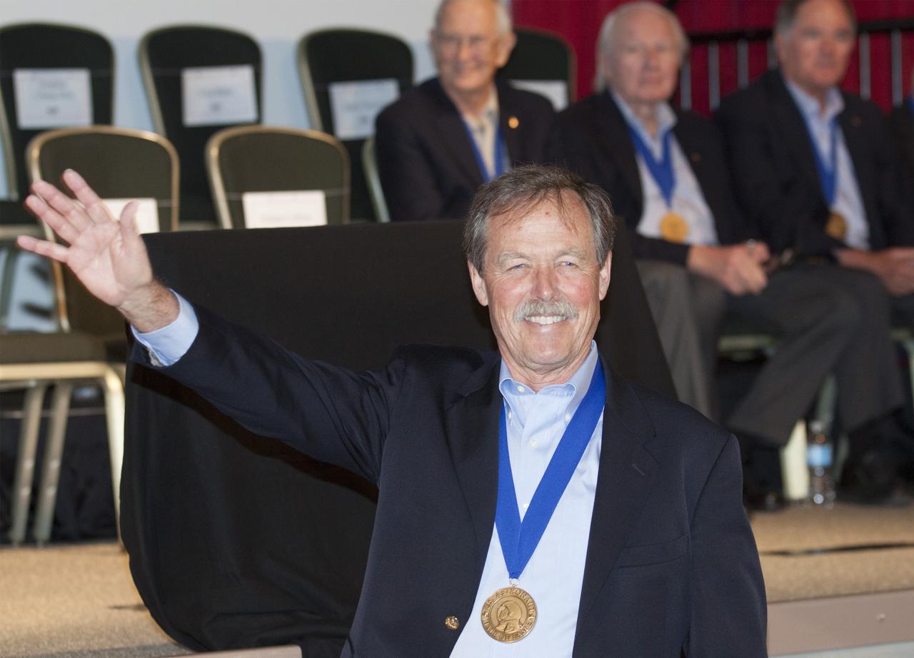 CAPE CANAVERAL, Fla. – U.S. Astronaut Hall of Fame member Robert "Hoot" Gibson is introduced at NASA’s Kennedy Space Center Visitor Complex in Florida, prior to the ceremony in which Bonnie Dunbar, Curt Brown and Eileen Collins will be inducted into the group of space pioneers.      This induction is the twelfth group of space shuttle astronauts named to the AHOF, and the first time two women are inducted at the same time. The year’s inductees were selected by a committee of current Hall of Fame astronauts, former NASA officials, historians and journalists. The selection process is administered by the Astronaut Scholarship Foundation. For more on the U.S. Astronaut Hall of Fame, go to http://www.kennedyspacecenter.com/astronaut-hall-of-fame.aspx For more on the Astronaut Scholarship Foundation, go to http://astronautscholarship.org/ Photo credit: NASA/ Kim Shiflett