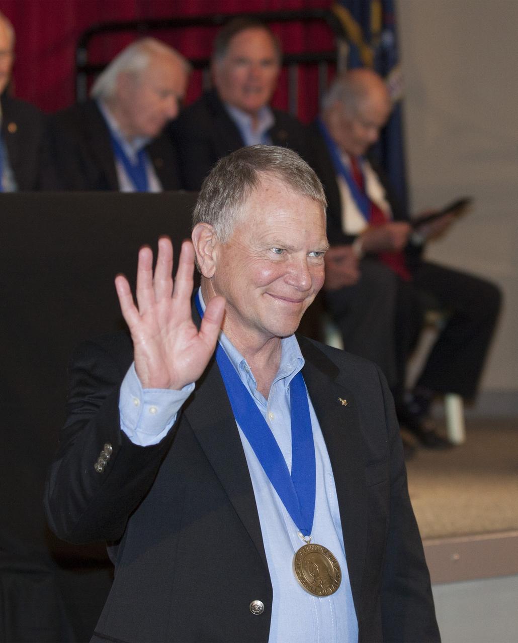 CAPE CANAVERAL, Fla. – U.S. Astronaut Hall of Fame member George "Pinky" Nelson is introduced at NASA’s Kennedy Space Center Visitor Complex in Florida, prior to the ceremony in which Bonnie Dunbar, Curt Brown and Eileen Collins will be inducted into the group of space pioneers.      This induction is the twelfth group of space shuttle astronauts named to the AHOF, and the first time two women are inducted at the same time. The year’s inductees were selected by a committee of current Hall of Fame astronauts, former NASA officials, historians and journalists. The selection process is administered by the Astronaut Scholarship Foundation. For more on the U.S. Astronaut Hall of Fame, go to http://www.kennedyspacecenter.com/astronaut-hall-of-fame.aspx For more on the Astronaut Scholarship Foundation, go to http://astronautscholarship.org/ Photo credit: NASA/ Kim Shiflett