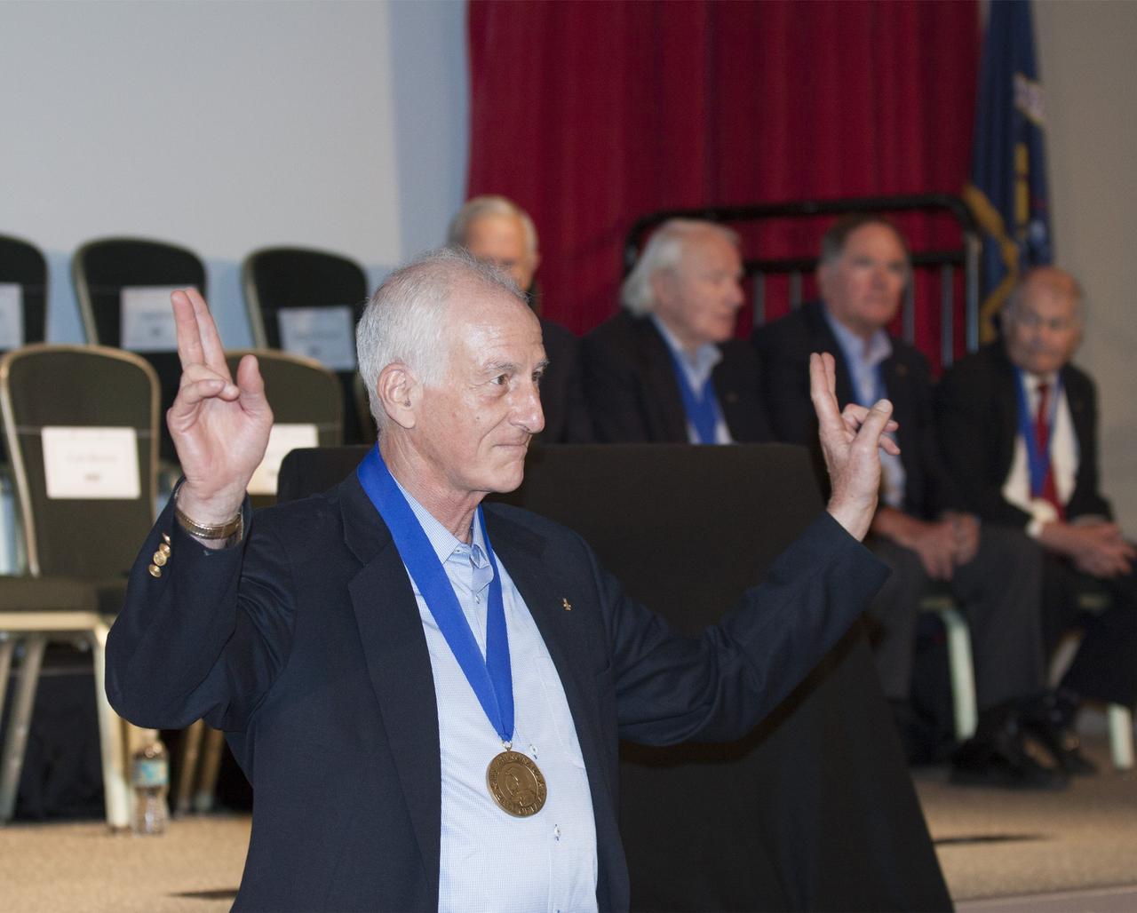 CAPE CANAVERAL, Fla. – U.S. Astronaut Hall of Fame member Jeff Hoffman is introduced at NASA’s Kennedy Space Center Visitor Complex in Florida, prior to the ceremony in which Bonnie Dunbar, Curt Brown and Eileen Collins will be inducted into the group of space pioneers.      This induction is the twelfth group of space shuttle astronauts named to the AHOF, and the first time two women are inducted at the same time. The year’s inductees were selected by a committee of current Hall of Fame astronauts, former NASA officials, historians and journalists. The selection process is administered by the Astronaut Scholarship Foundation. For more on the U.S. Astronaut Hall of Fame, go to http://www.kennedyspacecenter.com/astronaut-hall-of-fame.aspx For more on the Astronaut Scholarship Foundation, go to http://astronautscholarship.org/ Photo credit: NASA/ Kim Shiflett