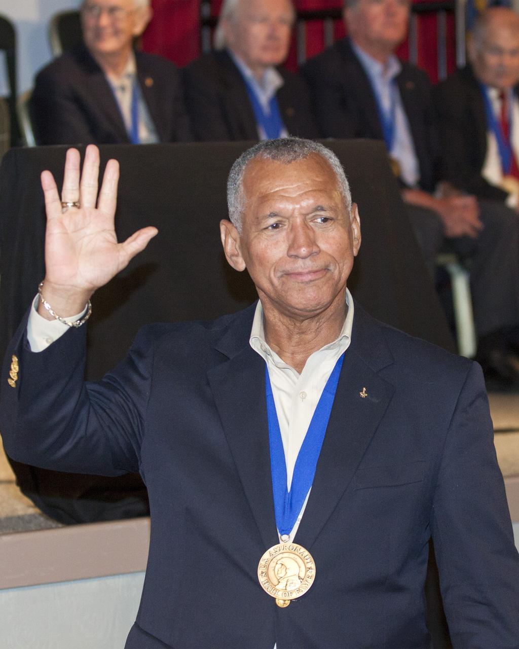 CAPE CANAVERAL, Fla. – U.S. Astronaut Hall of Fame member Charlie Bolden, who is also NASA administrator, is introduced at NASA’s Kennedy Space Center Visitor Complex in Florida, prior to the ceremony in which Bonnie Dunbar, Curt Brown and Eileen Collins will be inducted into the group of space pioneers.      This induction is the twelfth group of space shuttle astronauts named to the AHOF, and the first time two women are inducted at the same time. The year’s inductees were selected by a committee of current Hall of Fame astronauts, former NASA officials, historians and journalists. The selection process is administered by the Astronaut Scholarship Foundation. For more on the U.S. Astronaut Hall of Fame, go to http://www.kennedyspacecenter.com/astronaut-hall-of-fame.aspx For more on the Astronaut Scholarship Foundation, go to http://astronautscholarship.org/ Photo credit: NASA/ Kim Shiflett