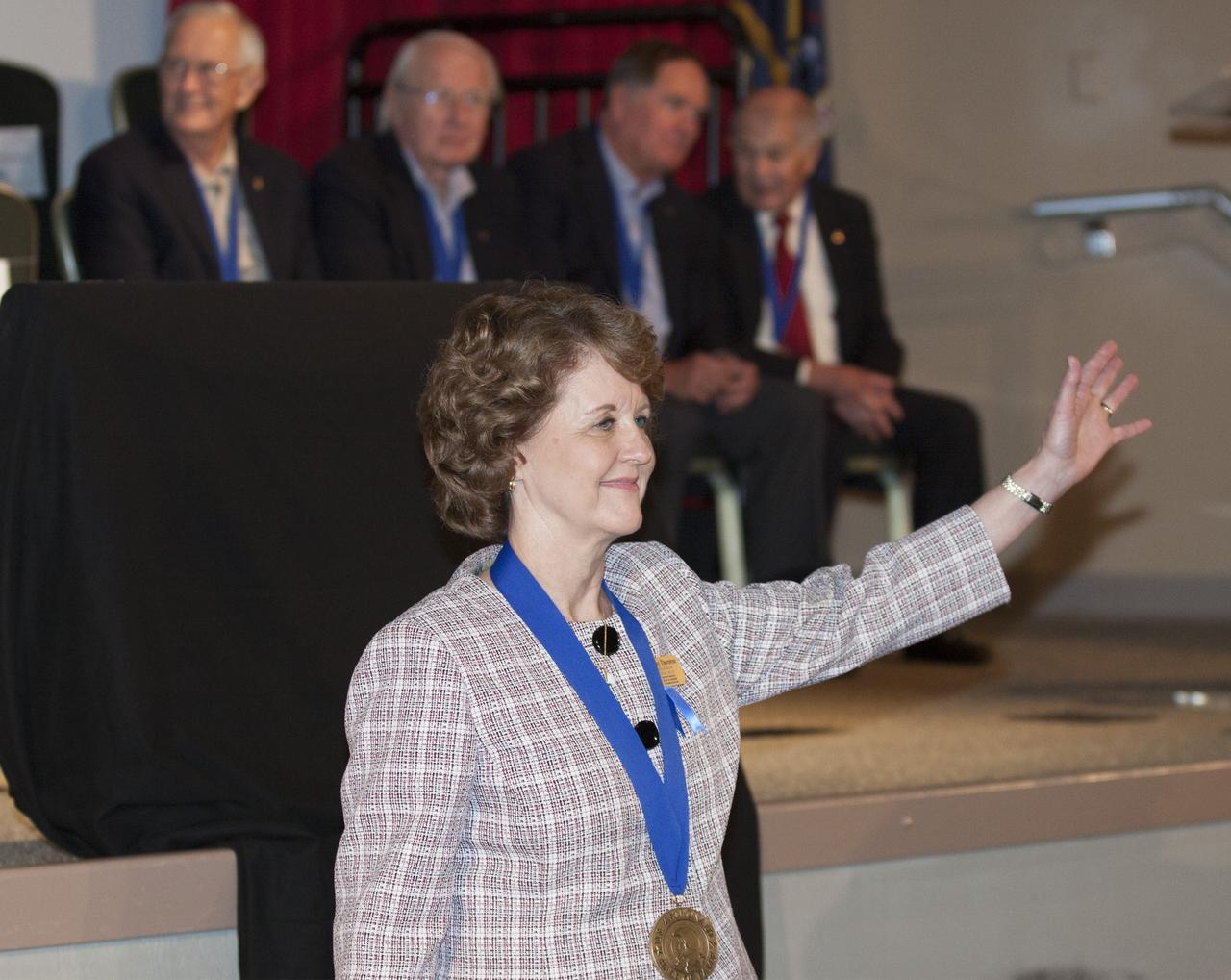 CAPE CANAVERAL, Fla. – U.S. Astronaut Hall of Fame member Kathy Thornton is introduced at NASA’s Kennedy Space Center Visitor Complex in Florida, prior to the ceremony in which Bonnie Dunbar, Curt Brown and Eileen Collins will be inducted into the group of space pioneers.      This induction is the twelfth group of space shuttle astronauts named to the AHOF, and the first time two women are inducted at the same time. The year’s inductees were selected by a committee of current Hall of Fame astronauts, former NASA officials, historians and journalists. The selection process is administered by the Astronaut Scholarship Foundation. For more on the U.S. Astronaut Hall of Fame, go to http://www.kennedyspacecenter.com/astronaut-hall-of-fame.aspx For more on the Astronaut Scholarship Foundation, go to http://astronautscholarship.org/ Photo credit: NASA/ Kim Shiflett