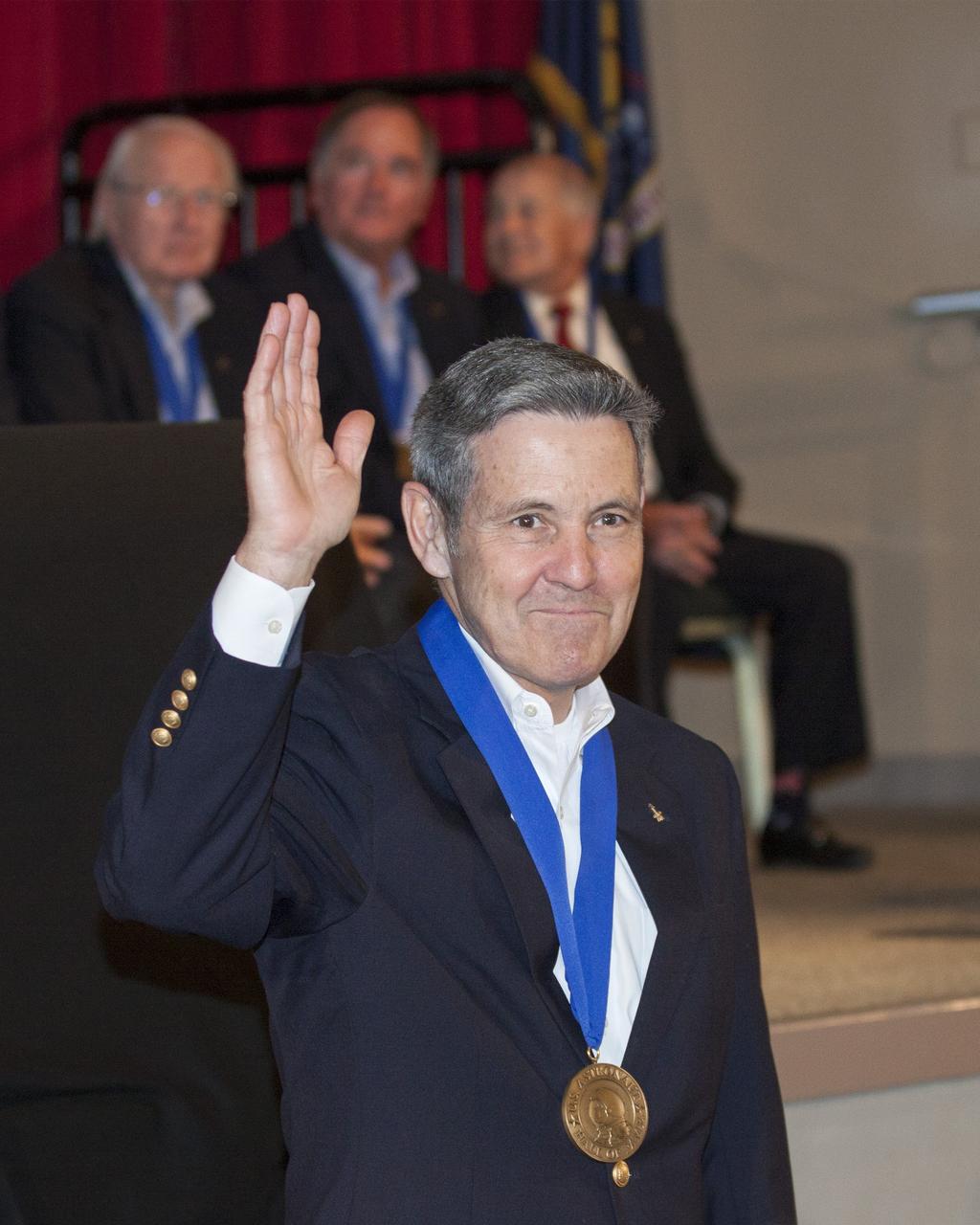 CAPE CANAVERAL, Fla. – U.S. Astronaut Hall of Fame member Bob Cabana, who is also director of NASA’s Kennedy Space Center in Florida, is introduced at the spaceport's Visitor Complex, prior to the ceremony in which Bonnie Dunbar, Curt Brown and Eileen Collins will be inducted into the group of space pioneers.      This induction is the twelfth group of space shuttle astronauts named to the AHOF, and the first time two women are inducted at the same time. The year’s inductees were selected by a committee of current Hall of Fame astronauts, former NASA officials, historians and journalists. The selection process is administered by the Astronaut Scholarship Foundation. For more on the U.S. Astronaut Hall of Fame, go to http://www.kennedyspacecenter.com/astronaut-hall-of-fame.aspx For more on the Astronaut Scholarship Foundation, go to http://astronautscholarship.org/ Photo credit: NASA/ Kim Shiflett