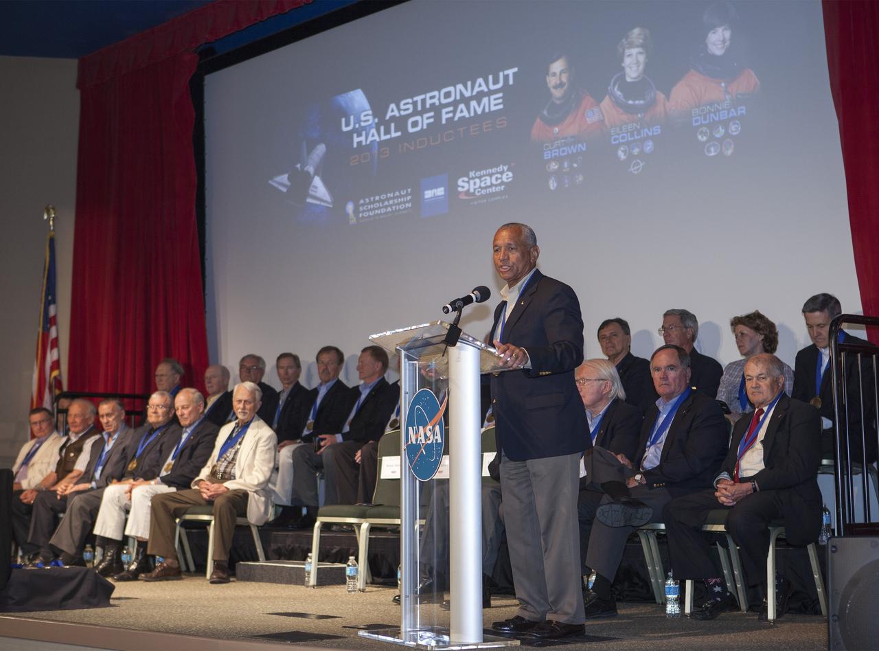 CAPE CANAVERAL, Fla. – At NASA’s Kennedy Space Center Visitor Complex in Florida, agency Administrator Charles Bolden speaks at the ceremony during which Bonnie Dunbar, Curt Brown and Eileen Collins were inducted into the U.S. Astronaut Hall of Fame.      This induction is the twelfth group of space shuttle astronauts named to the AHOF, and the first time two women are inducted at the same time. The year’s inductees were selected by a committee of current Hall of Fame astronauts, former NASA officials, historians and journalists. The selection process is administered by the Astronaut Scholarship Foundation. For more on the U.S. Astronaut Hall of Fame, go to http://www.kennedyspacecenter.com/astronaut-hall-of-fame.aspx For more on the Astronaut Scholarship Foundation, go to http://astronautscholarship.org/ Photo credit: NASA/ Kim Shiflett