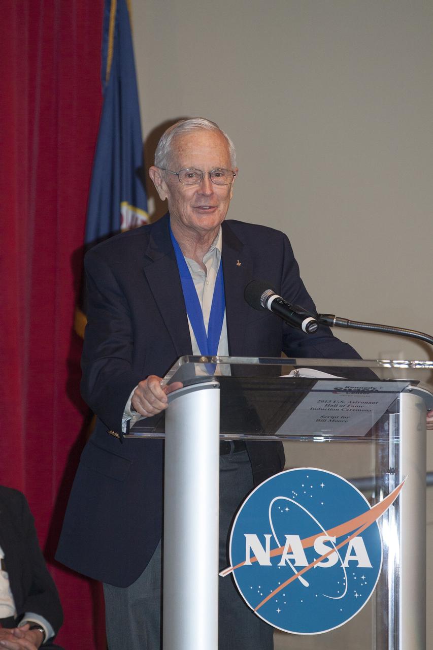 CAPE CANAVERAL, Fla. – At NASA’s Kennedy Space Center Visitor Complex in Florida, Astronaut Scholarship Foundation Charmin Charlie Duke speaks at the ceremony during which Bonnie Dunbar, Curt Brown and Eileen Collins were inducted into the U.S. Astronaut Hall of Fame.      This induction is the twelfth group of space shuttle astronauts named to the AHOF, and the first time two women are inducted at the same time. The year’s inductees were selected by a committee of current Hall of Fame astronauts, former NASA officials, historians and journalists. The selection process is administered by the Astronaut Scholarship Foundation. For more on the U.S. Astronaut Hall of Fame, go to http://www.kennedyspacecenter.com/astronaut-hall-of-fame.aspx For more on the Astronaut Scholarship Foundation, go to http://astronautscholarship.org/ Photo credit: NASA/ Kim Shiflett