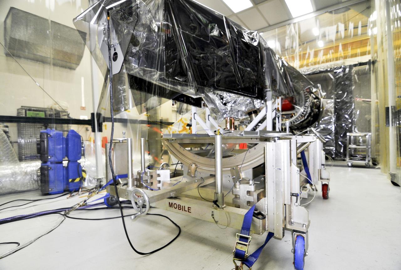 VANDENBERG AIR FORCE BASE, Calif. -- The Interface Region Imaging Spectrograph, or IRIS, is being readied for mating to the Orbital Sciences Corp. Pegasus XL rocket that will launch the spacecraft.  IRIS will be covered in a fairing after it's connected to the nose of the Pegasus to protect the spacecraft from atmospheric heating and stress during launch. Upcoming work includes electrical verification testing.                  IRIS will open a new window of discovery by tracing the flow of energy and plasma through the chromospheres and transition region into the sun’s corona using spectrometry and imaging. IRIS fills a crucial gap in our ability to advance studies of the sun-to-Earth connection by tracing the flow of energy and plasma through the foundation of the corona and the region around the sun known as the heliosphere.  Photo credit: VAFB/Randy Beaudoin