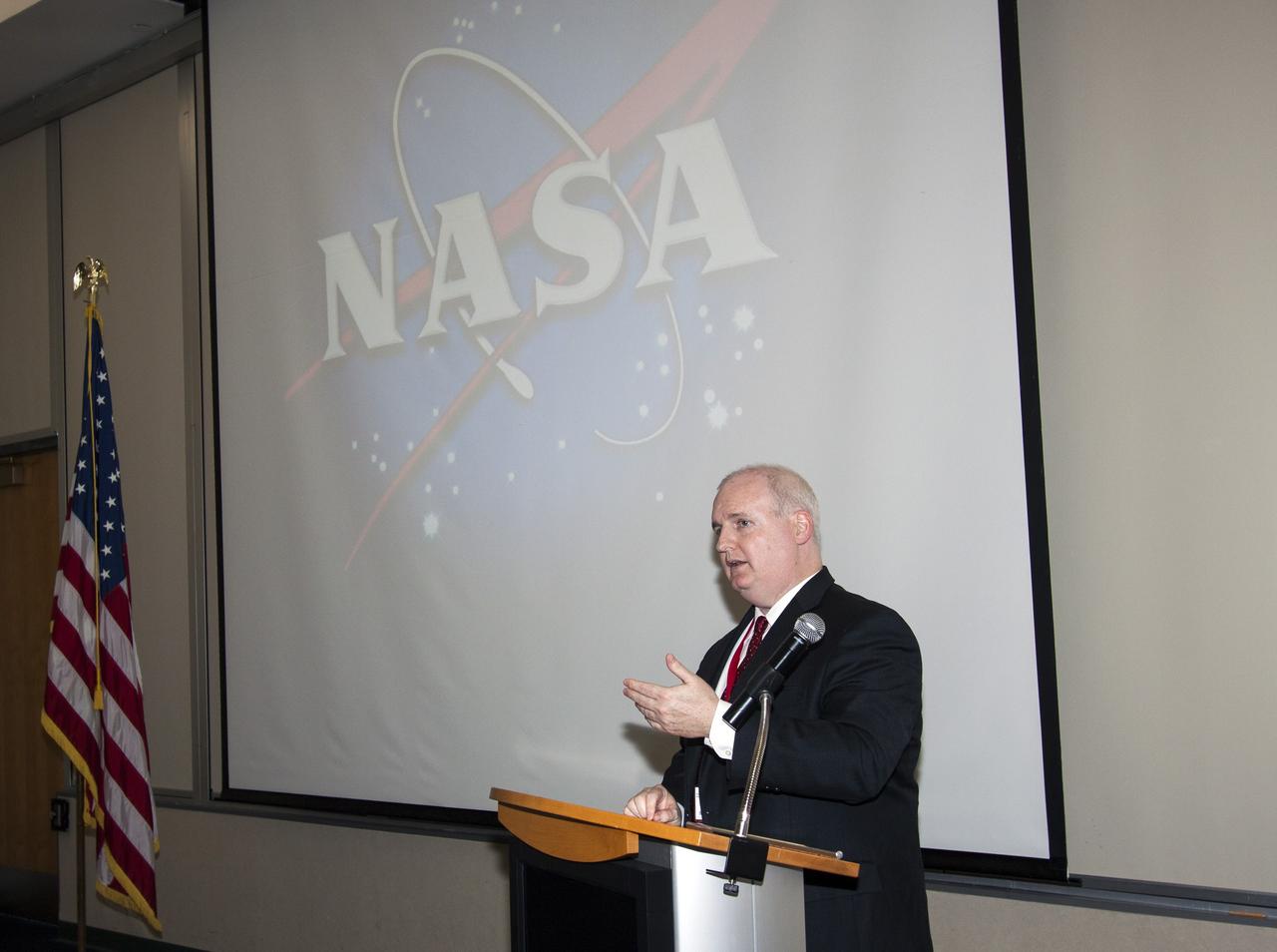 CAPE CANAVERAL, Fla. – At the Kennedy Space Center Visitor Complex in Florida, Marc Doyle, Dupont's global marketing and product director, addresses students, teachers, parents and VIPs during the 2013 DuPont Challenge Science Essay Competition awards ceremony. The challenge, now in its 27th year, reaches out to students from grades seven through 12 from all 50 states and Canada. More than 200,000 students entered the competition. The DuPont Challenge aims to inspire students to excel and achieve in scientific writing and pursue careers in science, technology, engineering and mathematics STEM. The challenge honors space shuttle Challenger's STS-51L crew members who gave their lives while furthering the cause of exploration and discovery. For more information on the challenge, go to http://thechallenge.dupont.com/sponsors/nasa.php.
