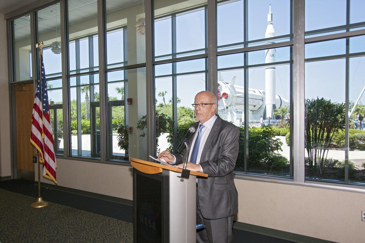 CAPE CANAVERAL, Fla. – At the Kennedy Space Center Visitor Complex in Florida, William Badders, resident-elect of the National Science Teachers Association, addresses students, teachers, parents and VIPs during the 2013 DuPont Challenge Science Essay Competition awards ceremony. The challenge, now in its 27th year, reaches out to students from grades seven through 12 from all 50 states and Canada. More than 200,000 students entered the competition. The DuPont Challenge aims to inspire students to excel and achieve in scientific writing and pursue careers in science, technology, engineering and mathematics STEM. The challenge honors space shuttle Challenger's STS-51L crew members who gave their lives while furthering the cause of exploration and discovery. For more information on the challenge, go to http://thechallenge.dupont.com/sponsors/nasa.php.