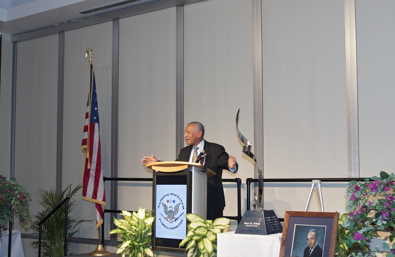 CAPE CANAVERAL, Fla. – At NASA’s Kennedy Space Center Visitor Complex in Florida, NASA Administrator Charles Bolden speaks at the annual the Dr. Kurt H. Debus Award gala in which the prestigious honor was presented to Kennedy's director, Bob Cabana.      A former U.S. Marine Corps aviator and NASA astronaut, Cabana was honored at the gala Debus Award Dinner. Named for the spaceport’s first director, the Debus Award was created to recognize significant achievements and contributions made in Florida to American aerospace efforts. The Debus Award was created by the space club's Florida committee to recognize significant achievements and contributions made in Florida to American aerospace efforts. Photo credit: NASA/Jim Grossmann