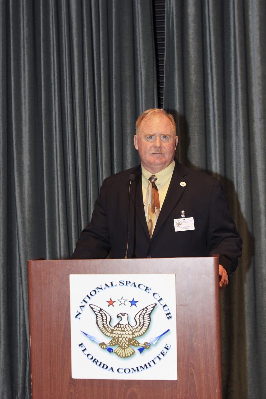 CAPE CANAVERAL Fla. -- Jim McCarthy, with URS and chairman of the National Space Club Florida Committee, or NSCFL, greets attendees at the May 14 luncheon at the Radisson Resort at the Port in Cape Canaveral, Fla. Kennedy Space Center Director Bob Cabana was the featured speaker with a presentation on the Fiscal Year 2014 budget and Kennedy’s path forward.    The NSCFL Committee is one of three regional committees including Huntsville, Ala. and Los Angeles, Calif. of the National Space Club in Washington, D.C. The NSCFL Committee promotes awareness through hosting monthly luncheons, sponsoring educational opportunities, recognizing significant achievement, and promoting aerospace leadership in a region heavily influenced by aerospace activities.  Photo credit: NASA/Jim Grossmann