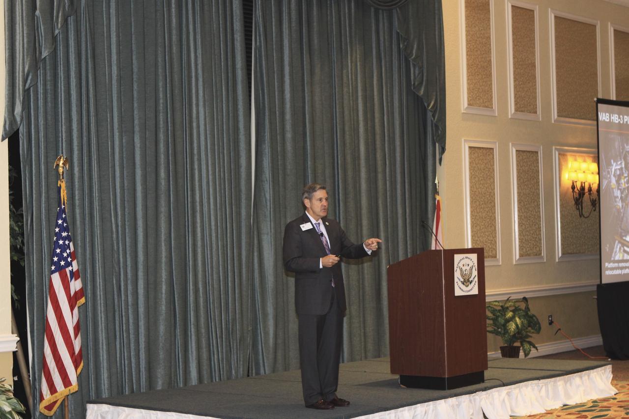 CAPE CANAVERAL Fla. -- Kennedy Space Center Director Bob Cabana spoke to attendees at the National Space Club Florida Committee, or NSCFL, luncheon May 14 at the Radisson Resort at the Port in Cape Canaveral, Fla. Cabana’s presentation focused on the Fiscal Year 2014 budget and Kennedy’s path forward.     The NSCFL Committee is one of three regional committees including Huntsville, Ala. and Los Angeles, Calif. of the National Space Club in Washington, D.C. The NSCFL Committee promotes awareness through hosting monthly luncheons, sponsoring educational opportunities, recognizing significant achievement, and promoting aerospace leadership in a region heavily influenced by aerospace activities.  Photo credit: NASA/Jim Grossmann