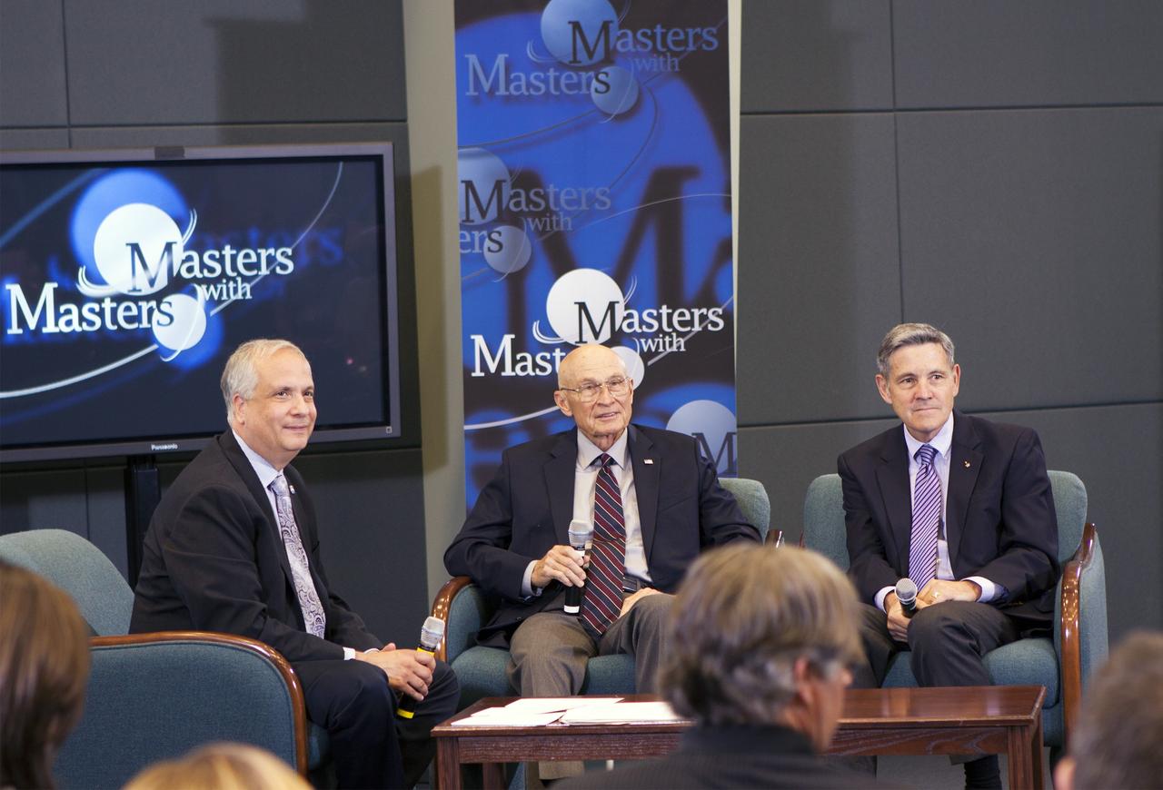 CAPE CANAVERAL, Fla. – Ed Hoffman, from left, Bob Sieck and Bob Cabana discuss techniques to handle a transition era during the second session in a weeklong series called "Masters with Masters" at the agency's Kennedy Space Center in Florida. Hoffman, NASA's chief Knowledge officer, Sieck, a former space shuttle launch director, and Cabana, the director of Kennedy, focused on the transition from Apollo to the shuttle and the current transition under way following the shuttle fleet's retirement. Photo credit: NASA/Jim Grossmann