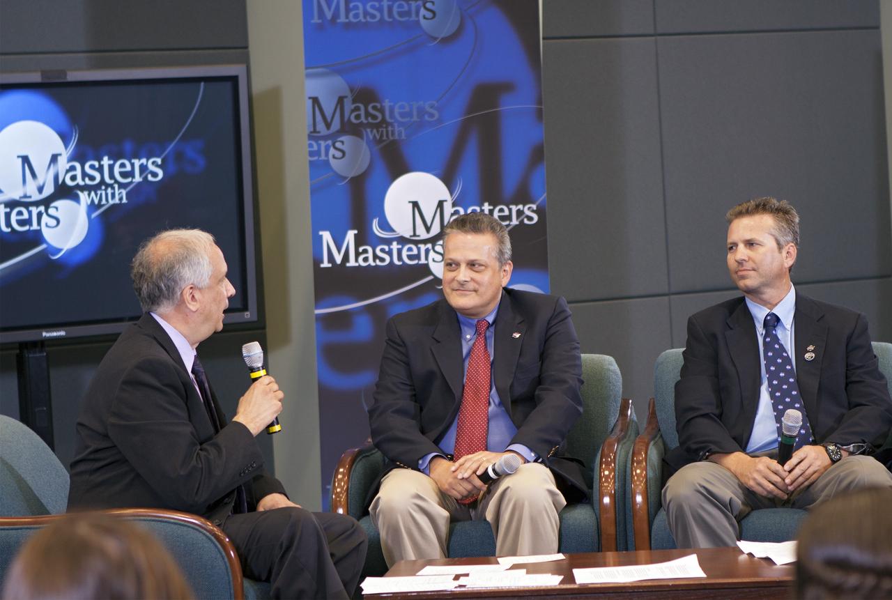 CAPE CANAVERAL, Fla. – Ed Hoffman, from left, Jack Fox and Rob Mueller discuss techniques to enable and enhance innovation during the third session in a weeklong series called "Masters with Masters" at the agency's Kennedy Space Center in Florida. Hoffman, NASA's chief Knowledge officer, Fox, chief, Surface Systems Office, and Rob Mueller, senior technologist, Surface Systems Office, talked about the work of the Swamp Works facility at Kennedy. Photo credit: NASA/Jim Grossmann
