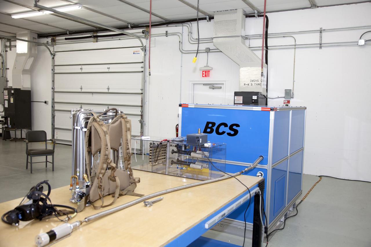 TITUSVILLE, Fla. - The Cryogenic Refuge Alternative Supply System, or CryoRASS, and a smaller liquid-air filled backpack called CryoBA, short for Cryogenic Breathing Apparatus, are on display at BCS Life Support in Titusville, Fla. The two systems are being developed by a NASA Kennedy Space Center engineering team in collaboration with The National Institute for Occupational Safety and Health to provide miners with twice the amount of breathable and cooler air than traditional compressed systems. The technology also could be used for commercial applications, such as fire and military rescue operations, as well as NASA's future human spaceflight missions. Photo credit: NASA/Daniel Casper