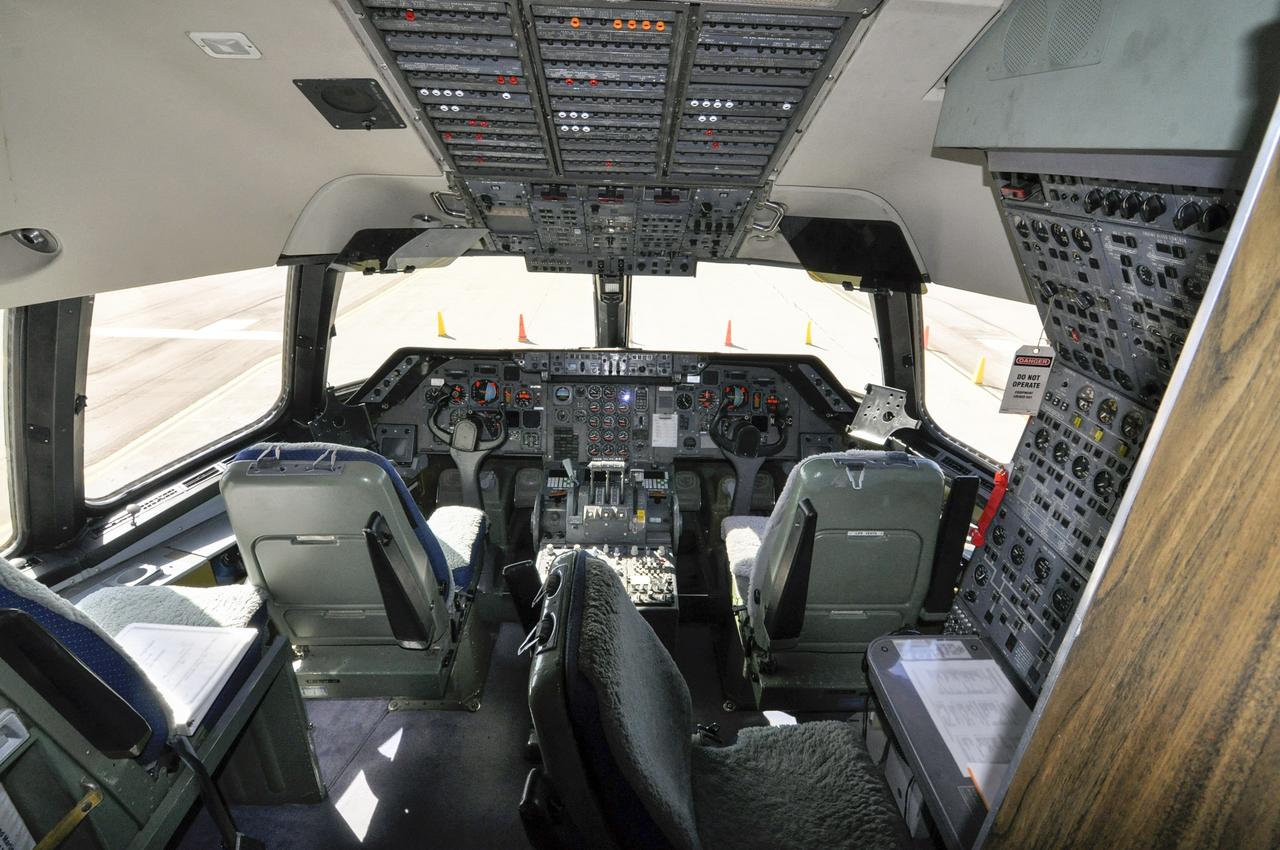 VANDENBERG ABF, Calif. - The cockpit of the Orbital Sciences L-1011 aircraft called "Stargazer" after arrival at Vandenberg Air Force Base for the upcoming launch of the company's Pegasus XL rocket lifting NASA's IRIS solar observatory into orbit. The aircraft will carry the winged rocket to an altitude of 39,000 feet before releasing the Pegasus so its own motors can ignite to send the IRIS into space. The L-1011 is a modified airliner equipped to hold the Pegasus under its body safely. IRIS, short for Interface Region Imaging Spectrograph, is being prepared for launch from Vandenberg June 26. IRIS will open a new window of discovery by tracing the flow of energy and plasma through the chromospheres and transition region into the sun’s corona using spectrometry and imaging. IRIS fills a crucial gap in our ability to advance studies of the sun-to-Earth connection by tracing the flow of energy and plasma through the foundation of the corona and the region around the sun known as the heliosphere. Photo credit: VAFB/Randy Beaudoin