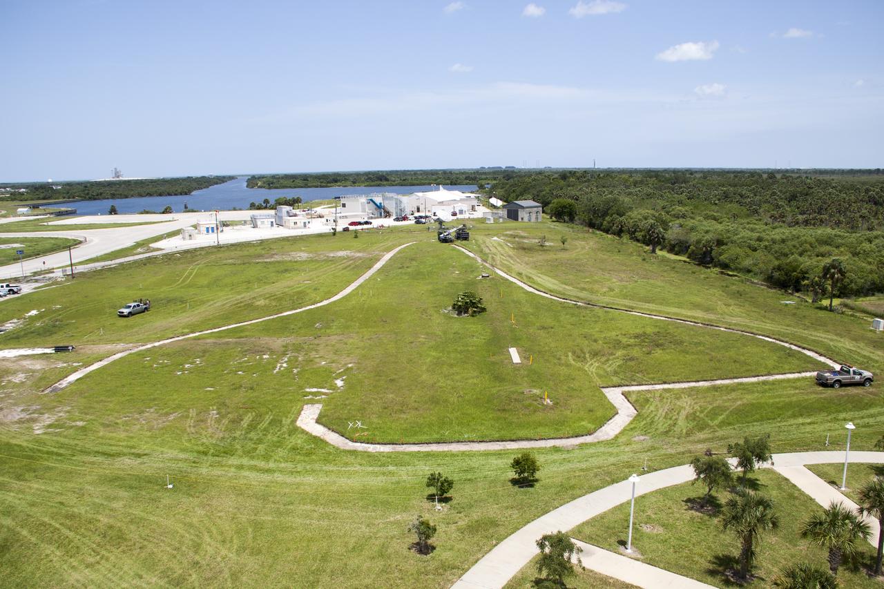 CAPE CANAVERAL, Fla. – At the Kennedy Space Center in Florida, a fitness trail is under construction in the Launch Complex 39 area just west of the Press Site. Designed in the shape of a space shuttle, the trail will provide an opportunity for employees at the spaceport to stay physically fit. Photo credit: NASA/Jim Grossmann