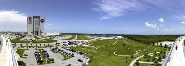 CAPE CANAVERAL, Fla. – At the Kennedy Space Center in Florida, a fitness trail is under construction in the Launch Complex 39 area across from the Vehicle Assembly Building and just west of the Press Site. This panoramic image shows that that trail is being designed in the shape of a space shuttle. The trail will provide an opportunity for employees at the spaceport to stay physically fit. Photo credit: NASA/Jim Grossmann