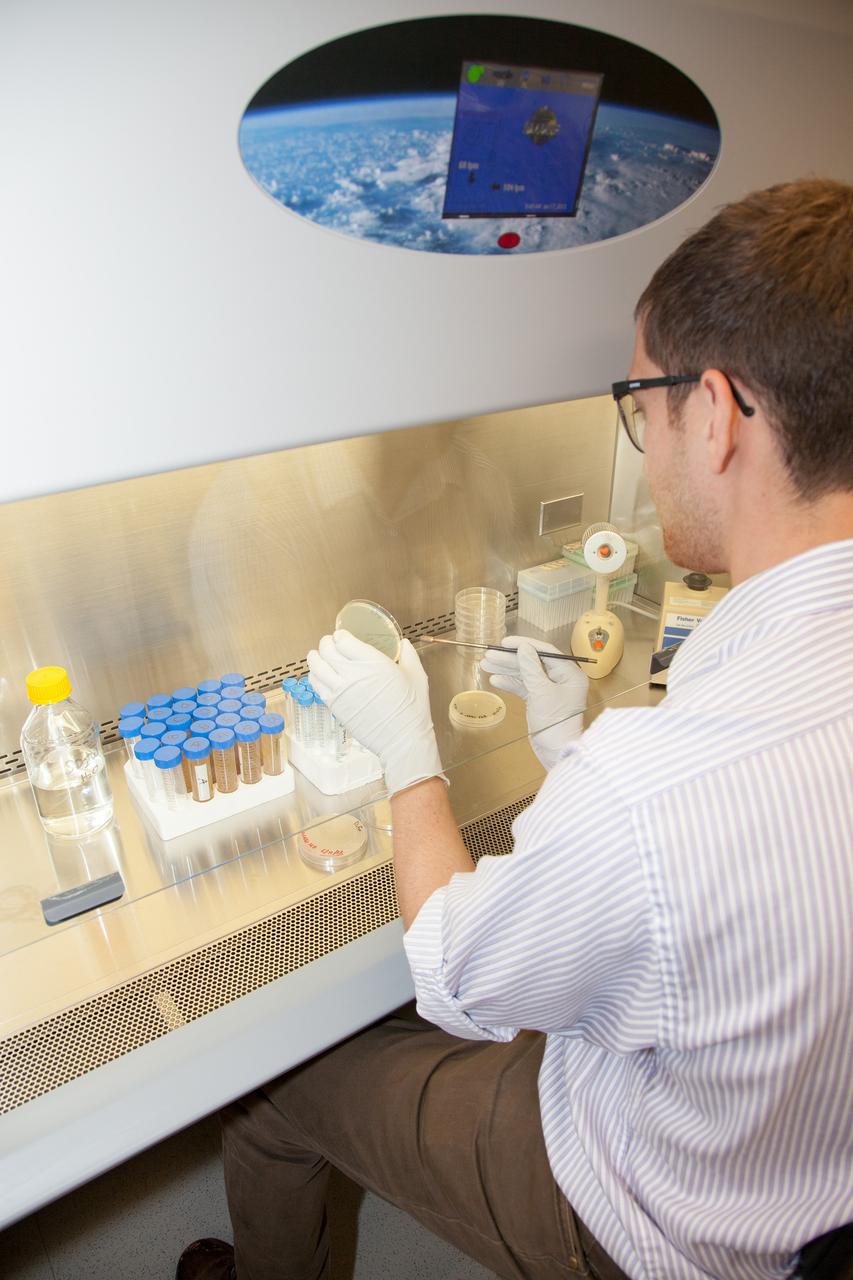 CAPE CANAVERAL, Fla. -- Inside the Space Life Sciences Laboratory near NASA’s Kennedy Space Center in Florida, Dr. David J. Smith, a microbiologist in the Surface Systems Office, prepares microbes that will be deployed for the Microorganisms in the Stratosphere, or MIST, mission. High altitudes exert a unique combination of stresses on microbes, outside the range of conditions normally encountered on the Earth's surface. Results from MIST may improve our understanding of physical limits and habitable environments for life.    The MIST mission will fly a small biological payload aboard a blimp in July to measure microbial survival and cellular responses to exposure in the upper atmosphere. Later in the year, the MIST mission will deploy samples at even higher altitudes in the stratosphere using scientific balloons. Photo credit: NASA/Daniel Casper