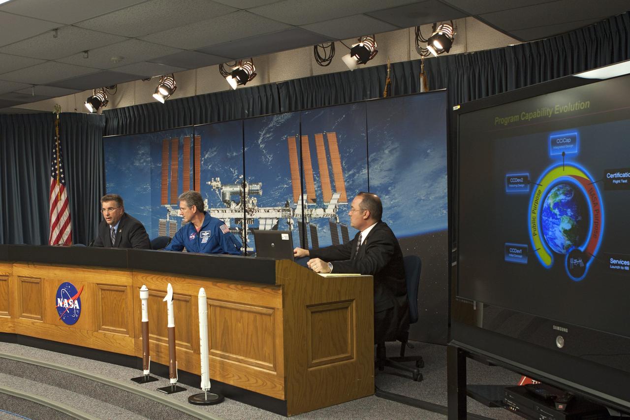 CAPE CANAVERAL, Fla. - NASA's Commercial Crew Program Manager Ed Mango and astronaut Mike Good media on the progress of American human spaceflight development at Kennedy Space Center in Florida. At right is NASA Public Affairs Officer Gregory Harland. They also discussed the future steps the program will take to certify crew transportation systems for missions to the International Space Station. The program is working toward the next phase of certification, which will be called Commercial Crew Transportation Capability, or CCtCap. That phase will include a joint test concept in which NASA astronauts will play a role in flight testing the systems.   To learn more about CCP, visit www.nasa.gov/commercialcrew. Photo credit: Jim Grossmann