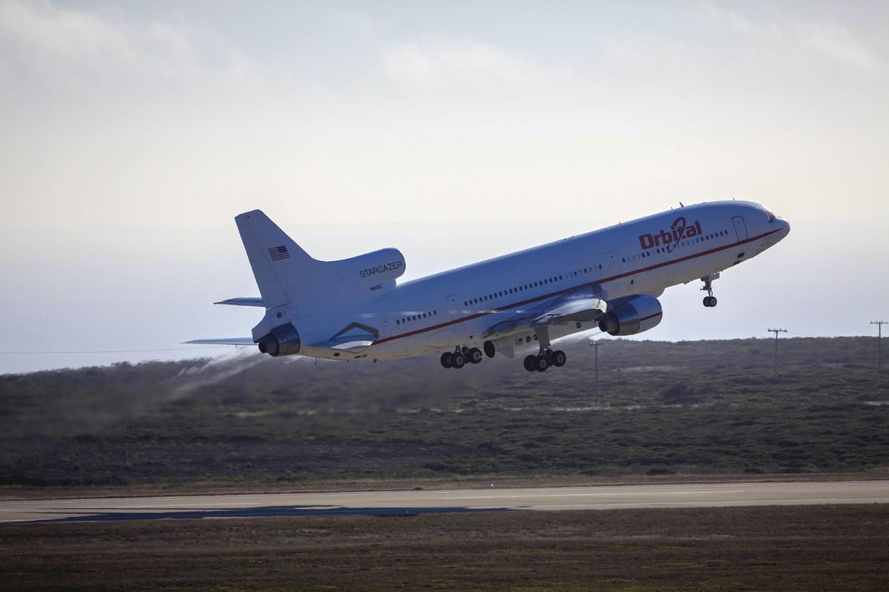 VANDENBERG AIR FORCE BASE, Calif. – The Orbital Sciences L-1011 aircraft takes off from Vandenberg Air Force Base in California at 9:30 p.m. EDT, headed over the Pacific Ocean to release the Pegasus XL rocket carrying NASA's Interface Region Imaging Spectrograph, or IRIS, solar observatory. Release of the rocket from under the wing of the aircraft is scheduled for 10:27 p.m. EDT.    IRIS will open a new window of discovery using spectrometry and imaging to trace the flow of energy and plasma through the chromospheres and transition region into the sun’s corona. The spacecraft will observe how solar material moves, gathers energy and heats up as it travels through a largely unexplored region of the solar atmosphere. This interface region, located between the sun's visible surface and its upper atmosphere, is where most of its ultraviolet emission is generated. These emissions impact the near-Earth space environment and Earth's climate. NASA's Launch Services Program at the agency's Kennedy Space Center in Florida is managing the countdown and launch. For more information, visit http://www.nasa.gov/iris.  Photo credit: NASA/Daniel Casper
