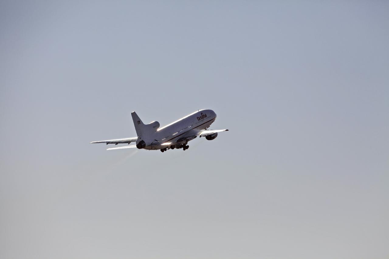 VANDENBERG AIR FORCE BASE, Calif. – An Orbital Sciences L-1011 aircraft departs from Vandenberg Air Force Base in California at 9:30 p.m. EDT, headed over the Pacific Ocean to release the Pegasus XL rocket carrying NASA's Interface Region Imaging Spectrograph, or IRIS, solar observatory. Release of the rocket from under the wing of the aircraft is scheduled for 10:27 p.m. EDT.    IRIS will open a new window of discovery using spectrometry and imaging to trace the flow of energy and plasma through the chromospheres and transition region into the sun’s corona. The spacecraft will observe how solar material moves, gathers energy and heats up as it travels through a largely unexplored region of the solar atmosphere. This interface region, located between the sun's visible surface and its upper atmosphere, is where most of its ultraviolet emission is generated. These emissions impact the near-Earth space environment and Earth's climate. NASA's Launch Services Program at the agency's Kennedy Space Center in Florida is managing the countdown and launch. For more information, visit http://www.nasa.gov/iris.  Photo credit: NASA/Daniel Casper