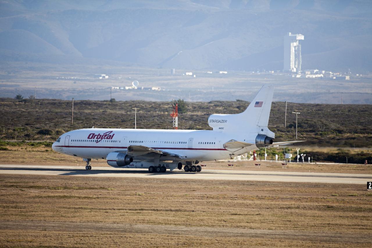 VANDENBERG AIR FORCE BASE, Calif. – An Orbital Sciences L-1011 carrier aircraft taxis to the runway at Vandenberg Air Force Base, Calif., before taking off on a mission to launch NASA's IRIS spacecraft into low-Earth orbit. IRIS, short for Interface Region Imaging Spectrograph, was launched aboard an Orbital Sciences Pegasus XL rocket released from the L-1011. Photo credit: NASA/Daniel Casper
