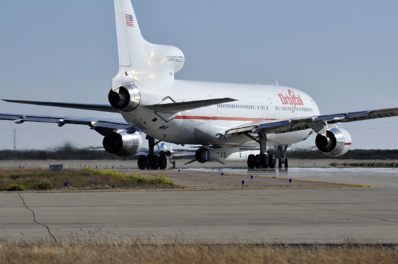 VANDENBERG AIR FORCE BASE, Calif. – An Orbital Sciences L-1011 carrier aircraft taxis to the runway at Vandenberg Air Force Base, Calif., before taking off on a mission to launch NASA's IRIS spacecraft into low-Earth orbit. IRIS, short for Interface Region Imaging Spectrograph, was launched aboard an Orbital Sciences Pegasus XL rocket released from the L-1011. Photo credit: VAFB/Randy Beaudoin