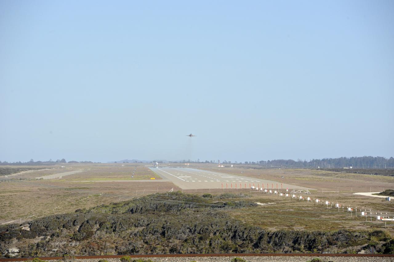 VANDENBERG AIR FORCE BASE, Calif. – A NASA F-18 takes off from Vandenberg Air Force Base, Calif., on a mission to record the launch of NASA's IRIS spacecraft into low-Earth orbit. IRIS, short for Interface Region Imaging Spectrograph, was launched aboard an Orbital Sciences Pegasus XL rocket released from an L-1011 carrier aircraft. Photo credit: VAFB/Chris Wiant