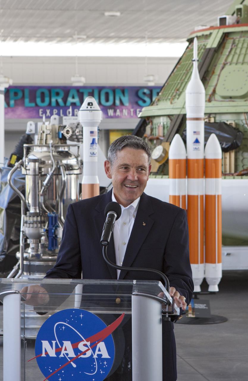 CAPE CANAVERAL, Fla. -- Kennedy Space Center Director Robert Cabana comments on the prospect of a new agency partnership during a news conference at the Kennedy Space Center Visitor Complex in Florida. NASA has selected Space Florida, the aerospace economic development agency for the state of Florida, for negotiations toward a partnership agreement to maintain and operate the historic Shuttle Landing Facility, or SLF. NASA issued a request for information to industry in 2012 to identify new and innovative ways to use the facility for current and future commercial and government mission activities. Space Florida's proposal is aligned closely with Kennedy's vision for creating a multiuser spaceport. The SLF, specially designed for space shuttles returning to Kennedy, opened for flights in 1976. The concrete runway is 15,000 feet long and 300 feet wide. The SLF is capable of handling all types and sizes of aircraft and horizontal launch and landing vehicles. For more information on Space Florida, visit http://www.spaceflorida.gov. Photo credit: NASA/Jim Grossmann