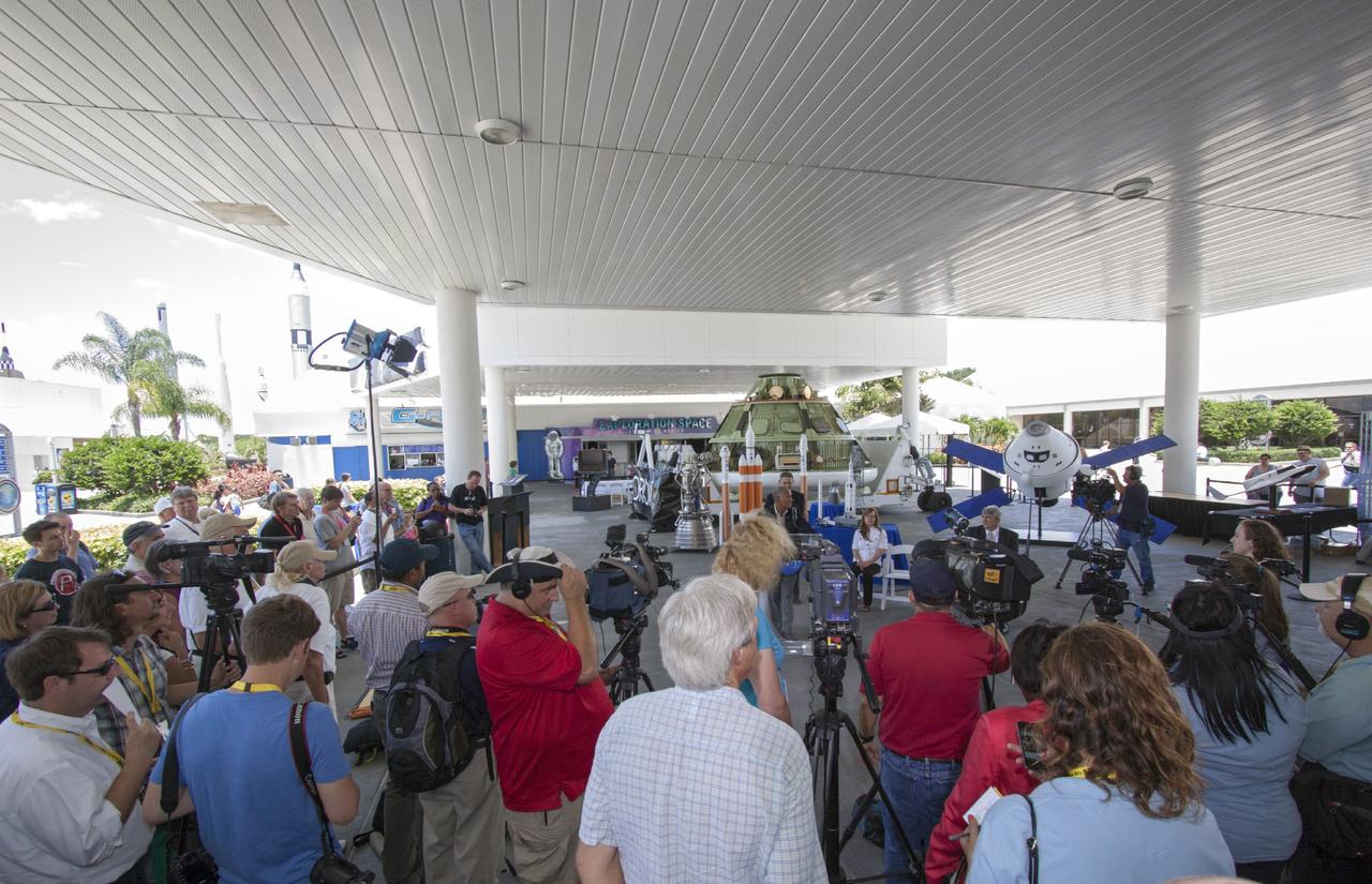 CAPE CANAVERAL, Fla. -- NASA Administrator Charles Bolden, at the podium, addresses the media assembled for a news conference on a new agency partnership at the Kennedy Space Center Visitor Complex in Florida. Also participating in the news conference are, from left, Kennedy Space Center Director Robert Cabana, standing, Kennedy's Director of Public Affairs Lisa Malone, and Space Florida Chief Operating Officer Jim Kuzma, both seated. NASA has selected Space Florida, the aerospace economic development agency for the state of Florida, for negotiations toward a partnership agreement to maintain and operate the historic Shuttle Landing Facility, or SLF. NASA issued a request for information to industry in 2012 to identify new and innovative ways to use the facility for current and future commercial and government mission activities. Space Florida's proposal is aligned closely with Kennedy's vision for creating a multiuser spaceport. The SLF, specially designed for space shuttles returning to Kennedy, opened for flights in 1976. The concrete runway is 15,000 feet long and 300 feet wide. The SLF is capable of handling all types and sizes of aircraft and horizontal launch and landing vehicles. For more information on Space Florida, visit http://www.spaceflorida.gov. Photo credit: NASA/Jim Grossmann